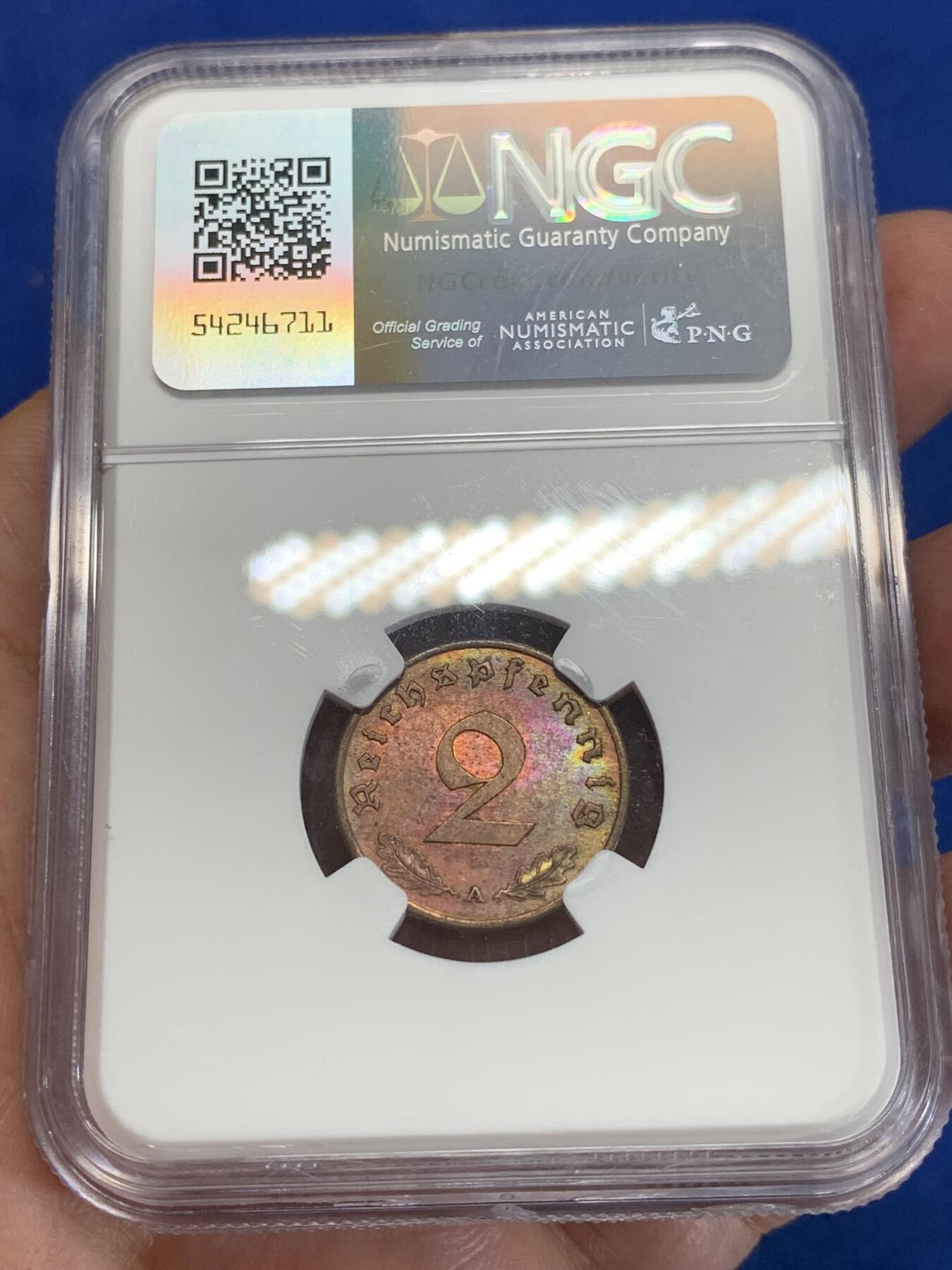 《竞宝斋》第284场- 周日，周一 2场连拍 （全场包邮） NGC MS61BN 德国1939年A厂2芬尼