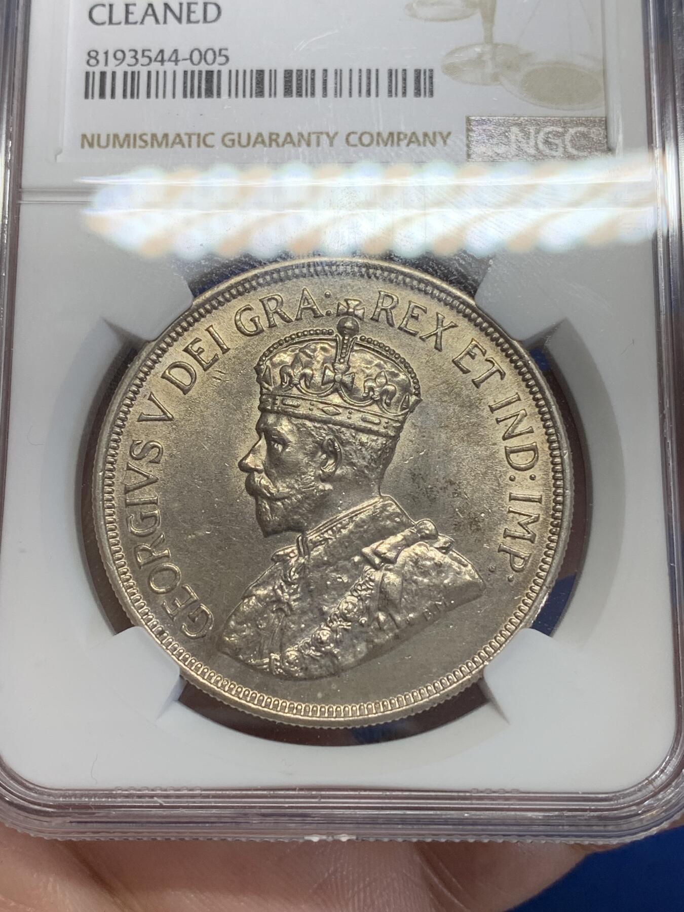 《竞宝斋》第284场- 周日，周一 2场连拍 （全场包邮） NGC UNC 英属塞浦路斯1928年乔治五世45皮银币 镜面底板 币面转光感强烈