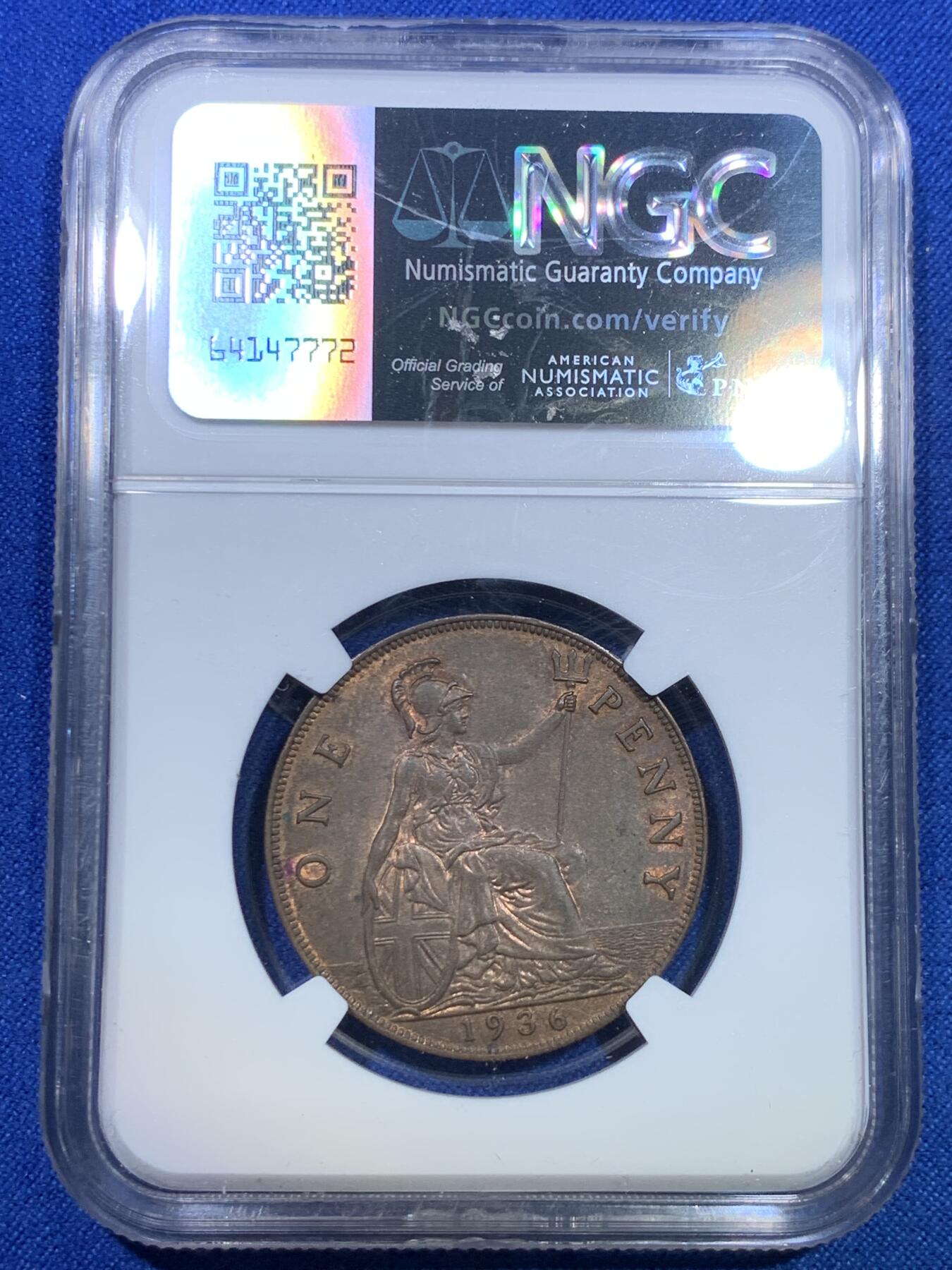 《竞宝斋》第284场- 周日，周一 2场连拍 （全场包邮） 两枚一组 NGC MS62BN/MS63BN 英国1936年乔治五世1便士铜币