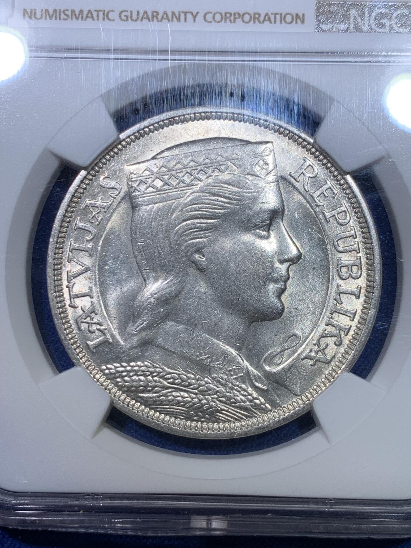 《竞宝斋》第284场- 周日，周一 2场连拍 （全场包邮） NGC MS62 拉脱维亚1931年少女5里拉银币 原光车轮光 略有低评