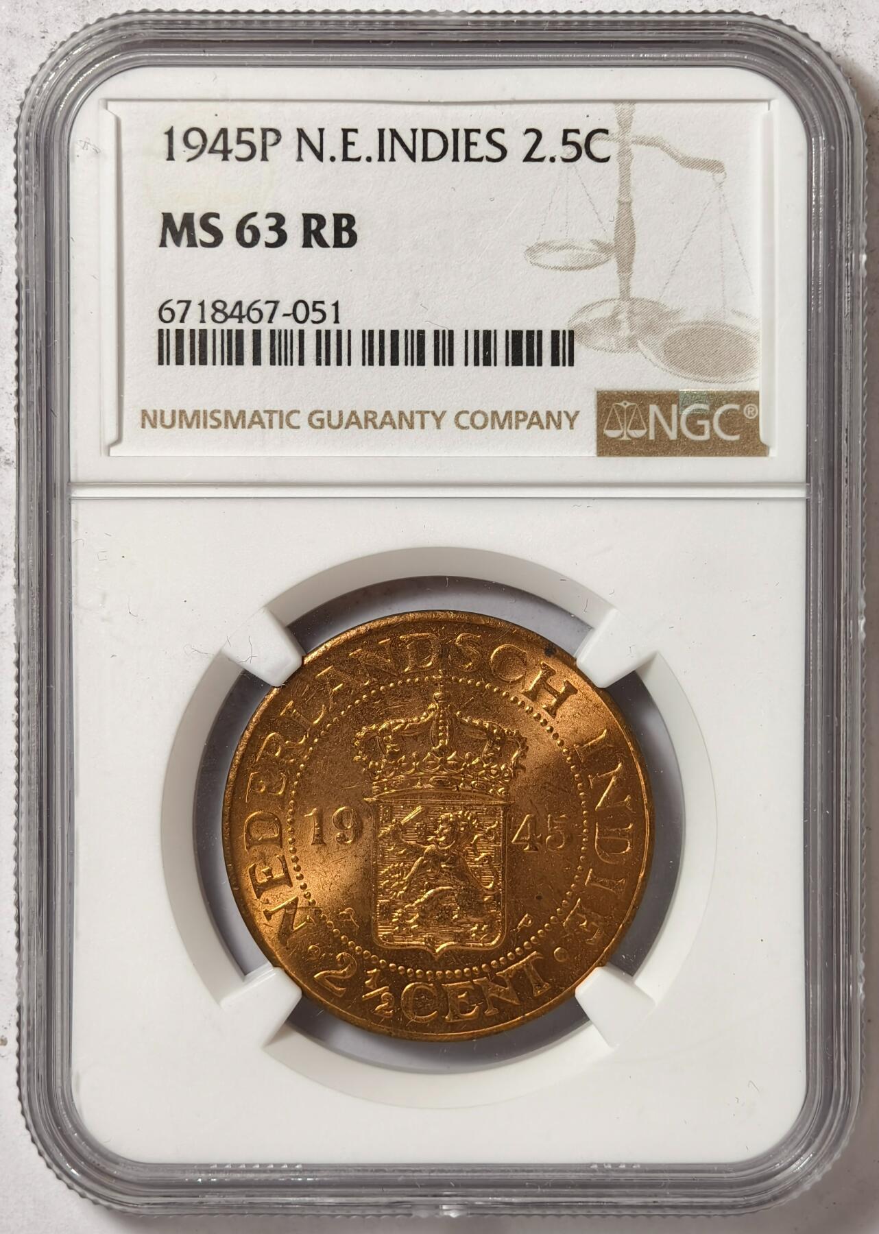 紫瑗钱币——第376期拍卖 荷属东印度 1945年 P版 2.5分 铜币 NGC MS63 RB