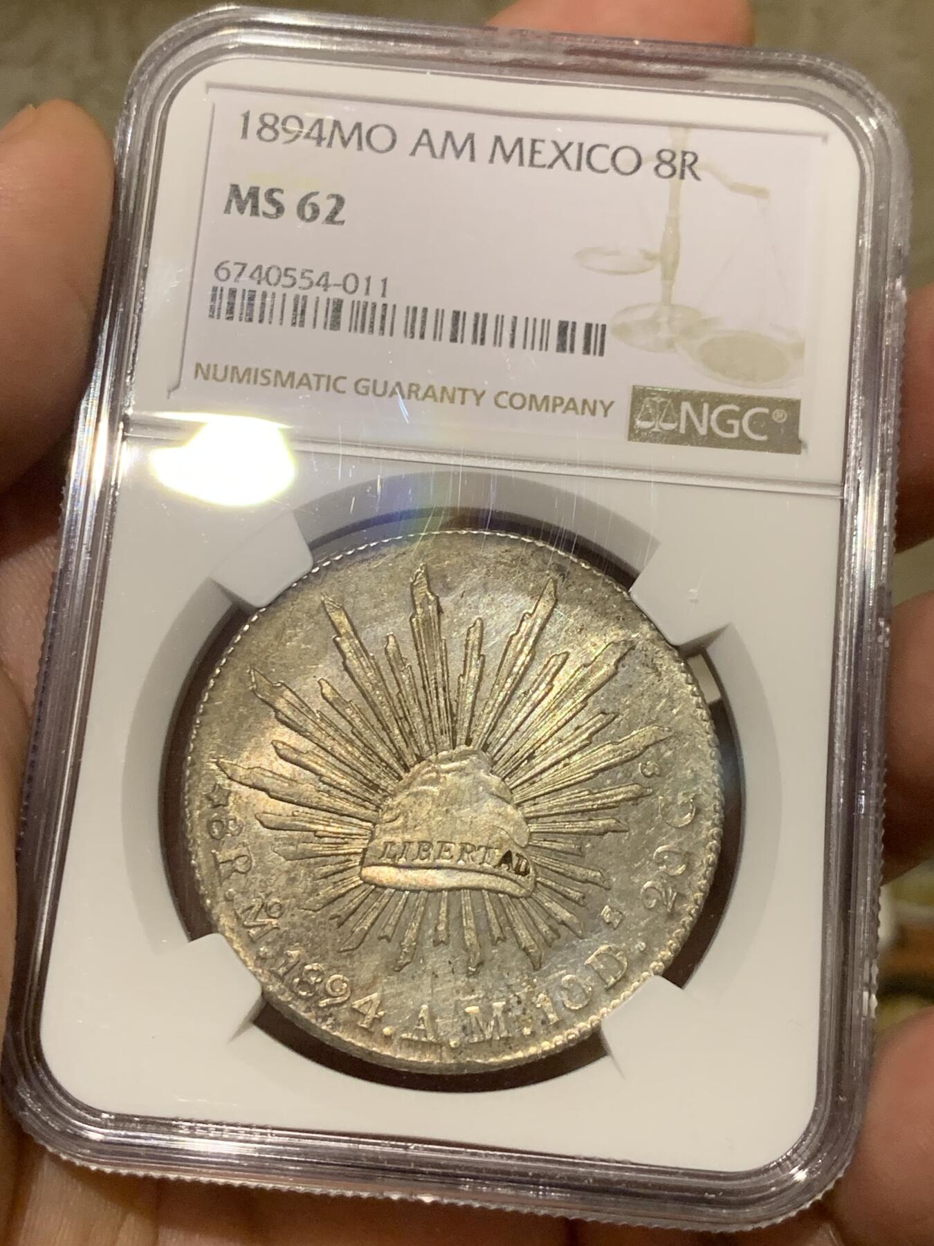 《竞宝斋》第284场- 周日，周一 2场连拍 （全场包邮） NGC MS62 墨西哥 1894年 8瑞尔 花边鹰洋 底板光度十足 正面月牙彩