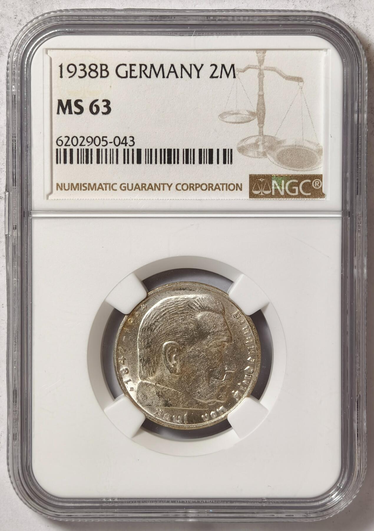 紫瑗钱币——第376期拍卖 德国 1938年 B版 兴登堡 字符版 2马克 银币 NGC MS63