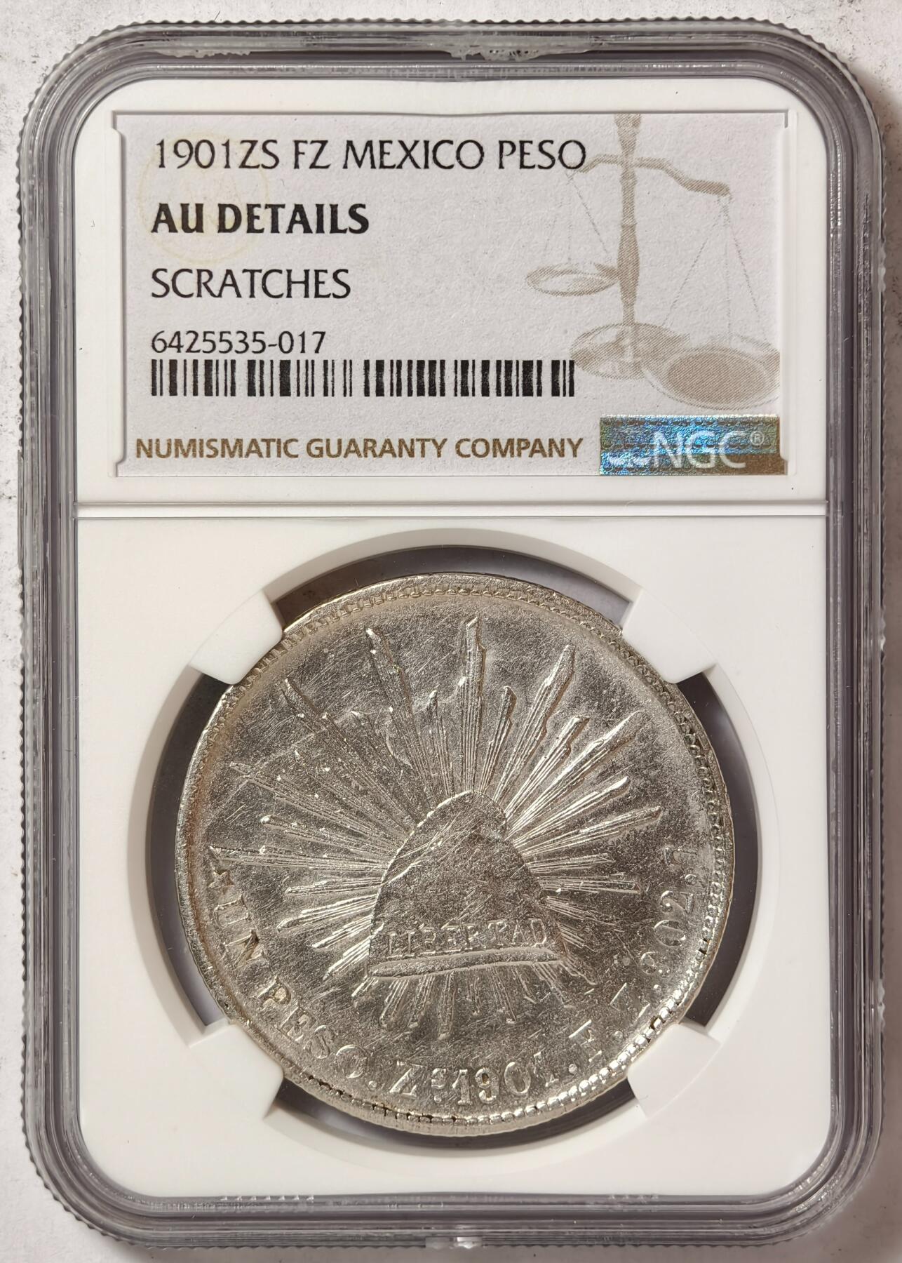 紫瑗钱币——第448期 墨西哥 1901年 ZS FZ 在华流通 直边鹰洋 1比索 银币 NGC AU Detail