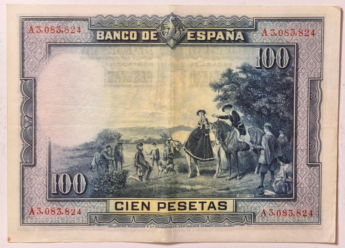 紫瑗钱币——第391期拍卖——纸币场 西班牙 1928年 中央银行 油画《唐吉坷德》 100比塞塔 流通品 (P-76a)