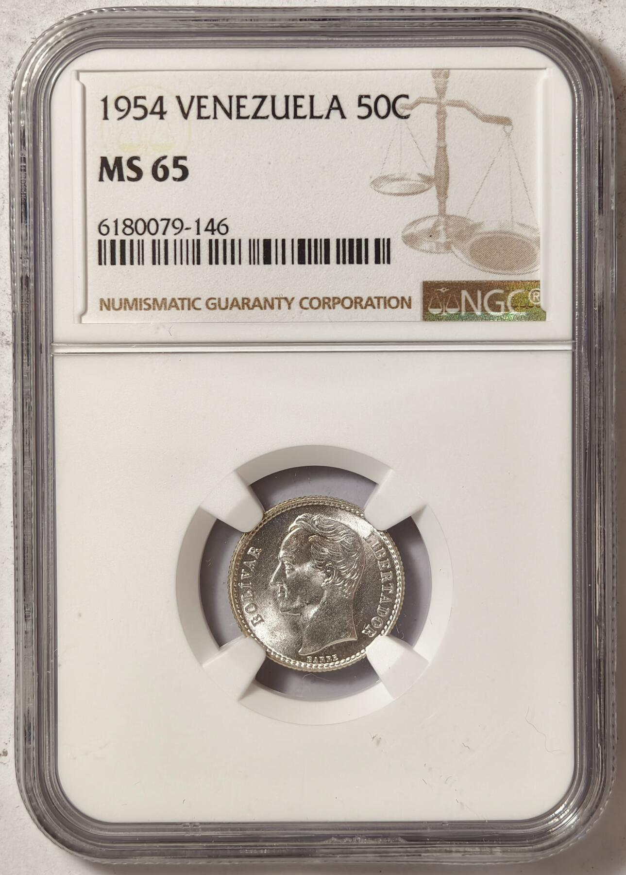 紫瑗钱币——第470期 委内瑞拉 1954年 玻利瓦尔 50分 银币 NGC MS65