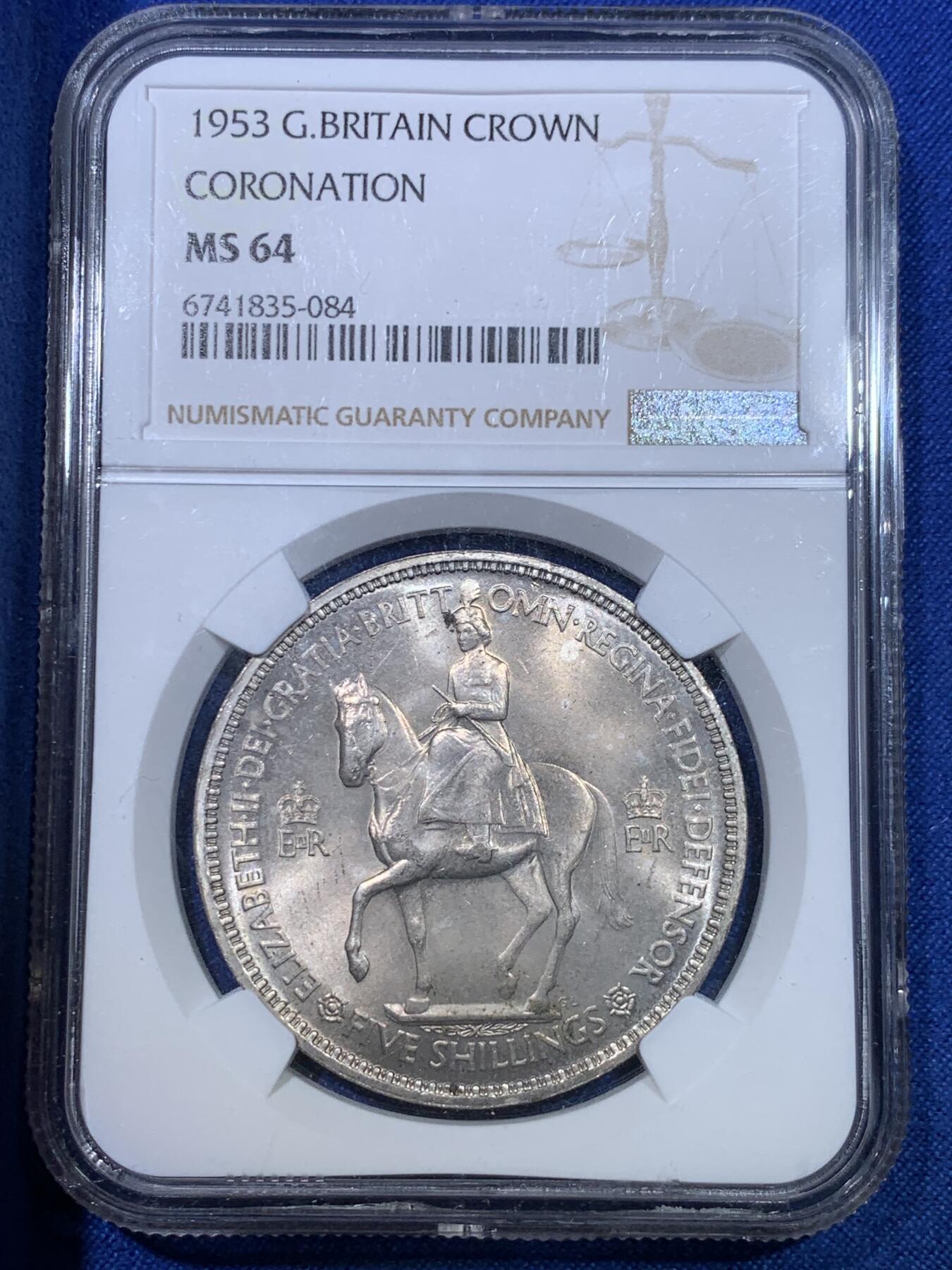 《竞宝斋》第284场- 周日，周一 2场连拍 （全场包邮） NGC MS64 英国1953登基克朗 女王登基所发行 状态不错