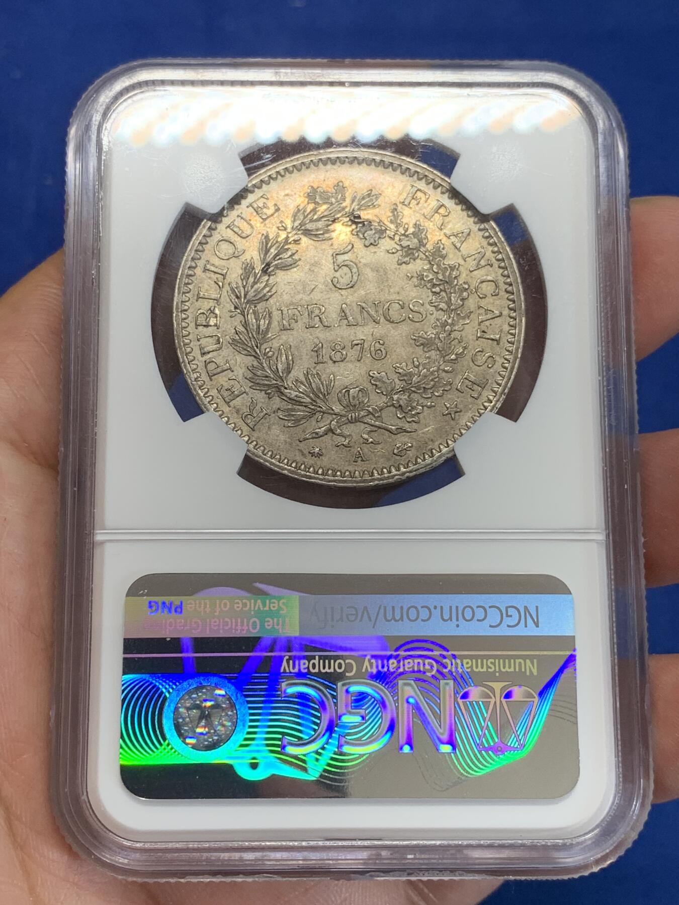 《竞宝斋》第284场- 周日，周一 2场连拍 （全场包邮） NGC AU58 法国 1876A年大力神5法郎大银币，原味有底光，可重评搏分