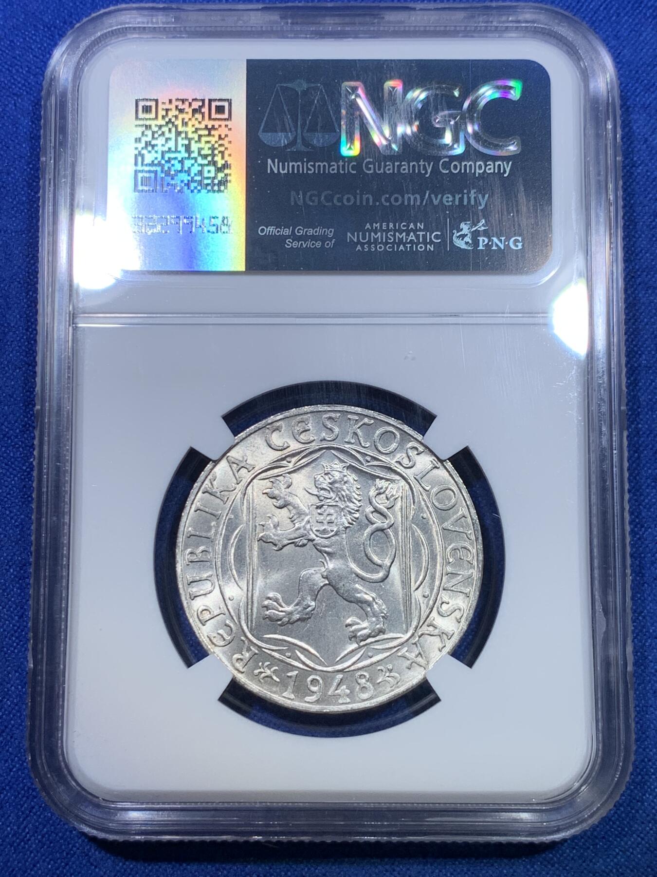 《竞宝斋》第284场- 周日，周一 2场连拍 （全场包邮） NGC MS65 捷克斯洛伐克1948年查理大学600周年100克朗银币