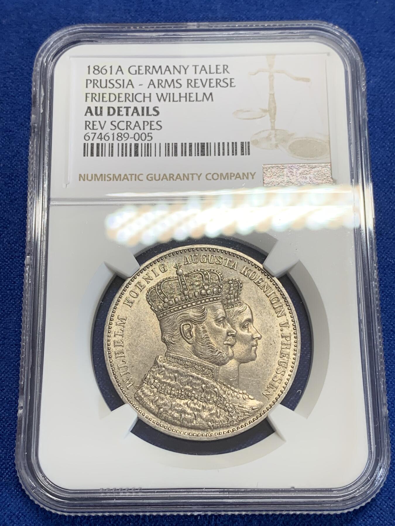 《竞宝斋》第284场- 周日，周一 2场连拍 （全场包邮） NGC AUD 德国1861年普鲁士威廉一世登基1泰勒 光感细节不错