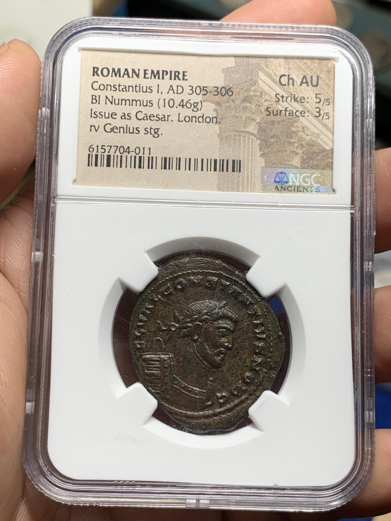 《竞宝斋》第284场- 周日，周一 2场连拍 （全场包邮） NGC Ch AU 古典币评级 打制5/5满分 表面状态3/5 古罗马305-306年君士坦提乌斯一世1富利大铜币，10g+大尺寸。在位仅15个月的奥古斯都，君士坦丁大帝的父亲。朗丁造币厂打造，也即今天的伦敦。
