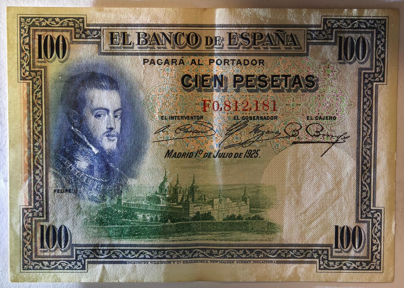 紫瑗钱币——第375期拍卖——纸币场 西班牙 1925年 油画《费利普二世的撤退》 100比塞塔 AU (P-69c)