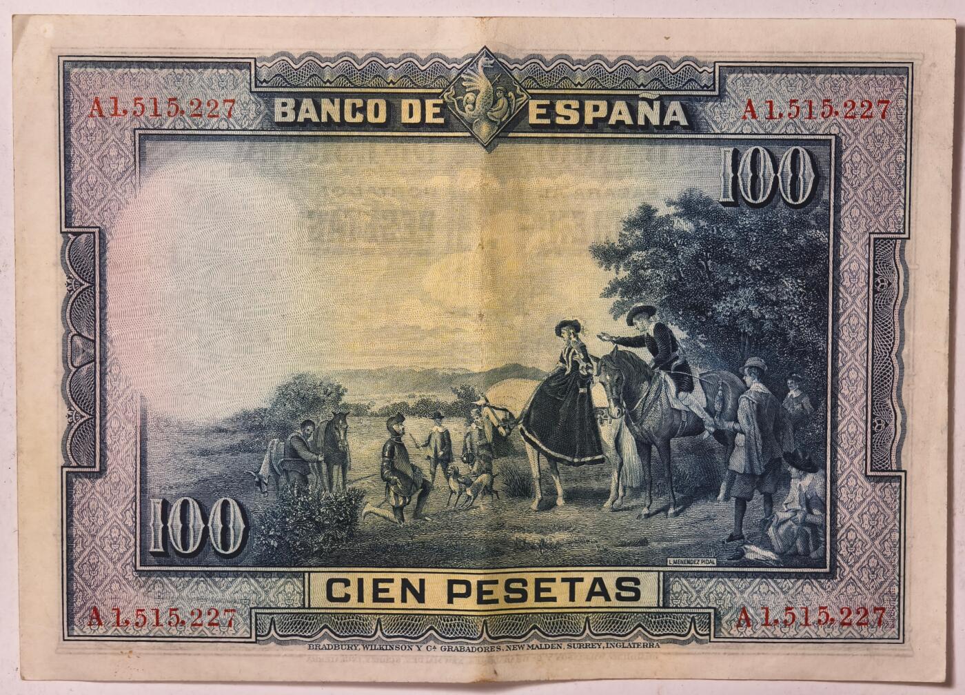 紫瑗钱币——第375期拍卖——纸币场 西班牙 1928年 中央银行 油画《唐吉坷德》 100比塞塔 流通品 (P-76a)