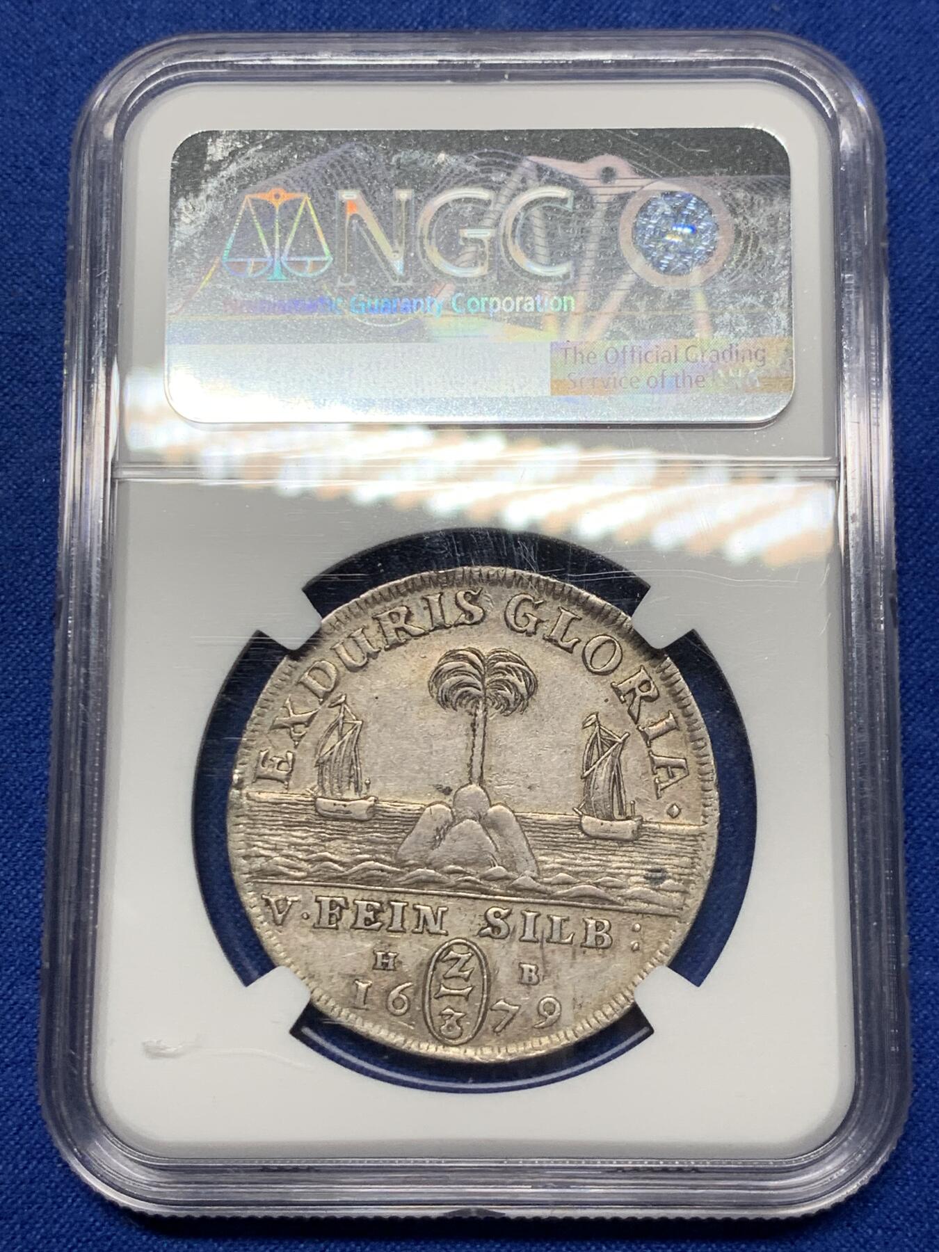 《竞宝斋》第284场- 周日，周一 2场连拍 （全场包邮） 冠军分 NGC AU53  德国 1679 约翰·弗里德里希  不伦瑞克 2/3泰勒银币 可藏