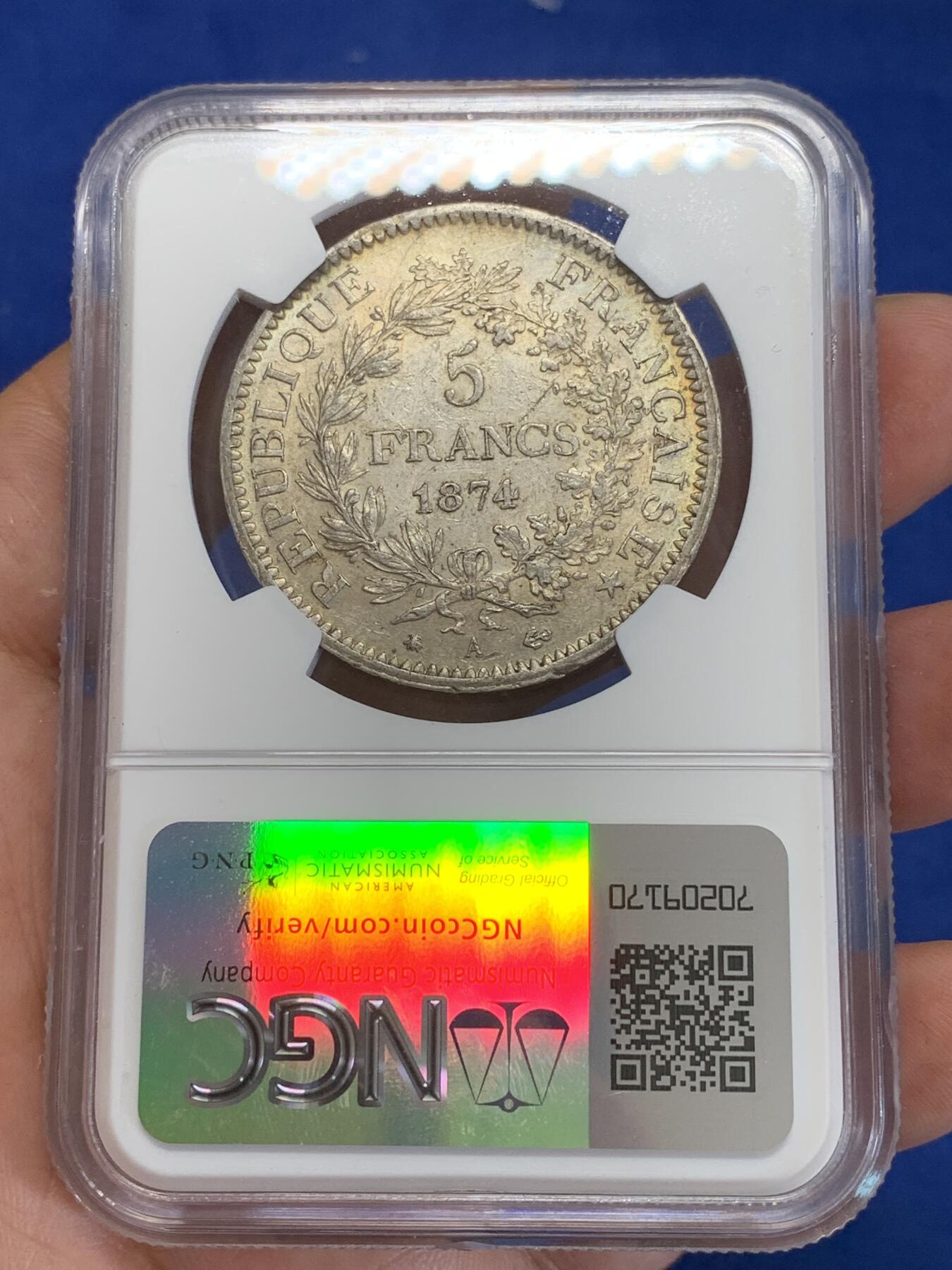 《竞宝斋》第284场- 周日，周一 2场连拍 （全场包邮） NGC AU55 法国1874年大力神5法郎银币