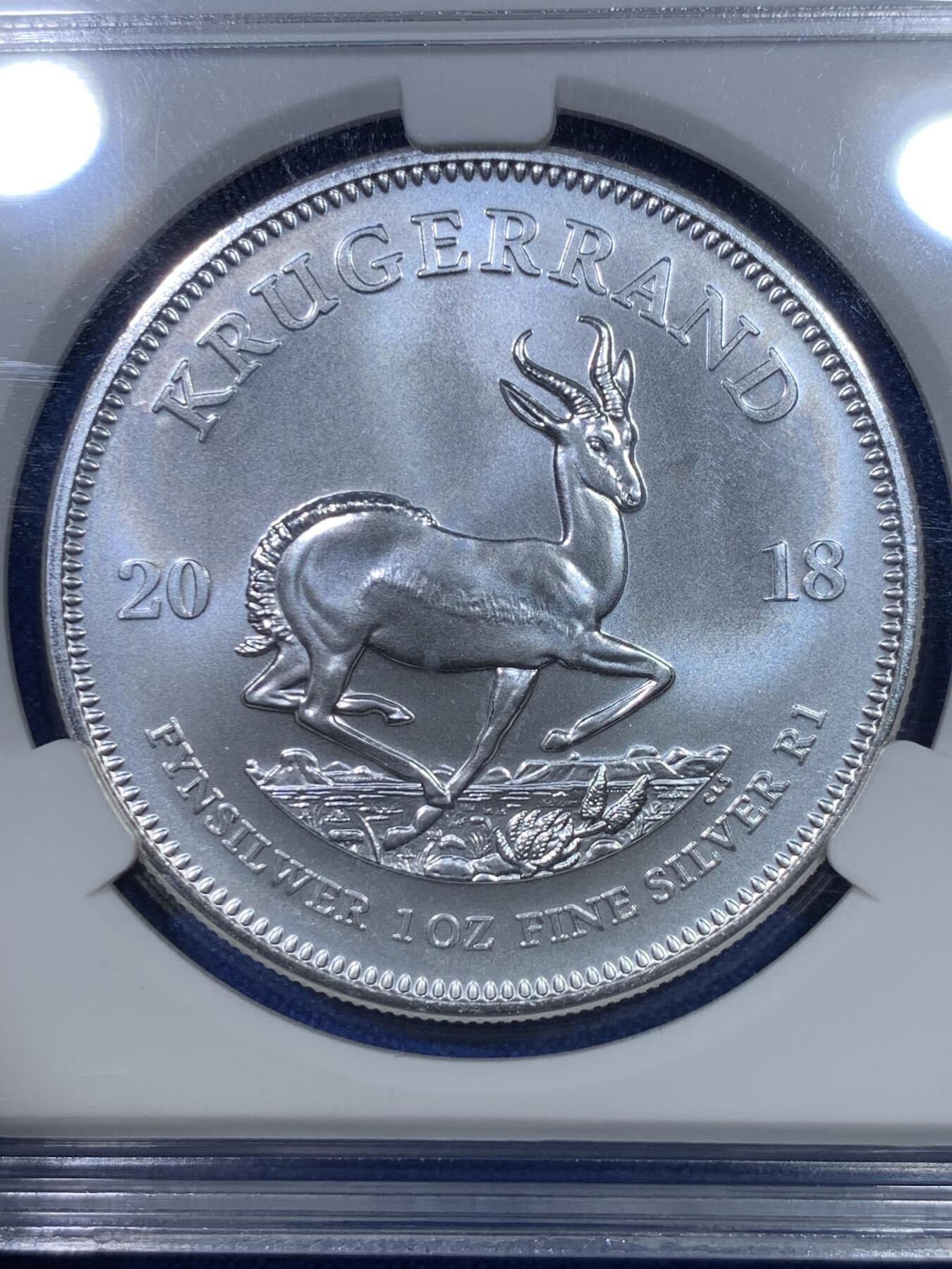 《竞宝斋》第284场- 周日，周一 2场连拍 （全场包邮） ACG MS67 南非2018克鲁格1兰特银币 少见南非好品  31.1克 999银