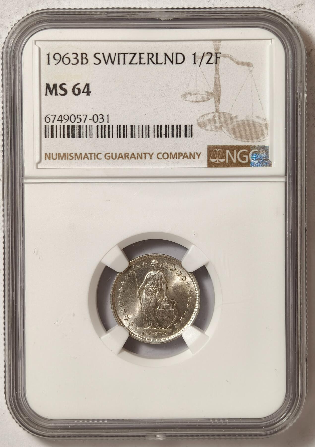 紫瑗钱币——第376期拍卖 瑞士 1963年 B版 赫尔维蒂亚 1/2法郎 银币 NGC MS64