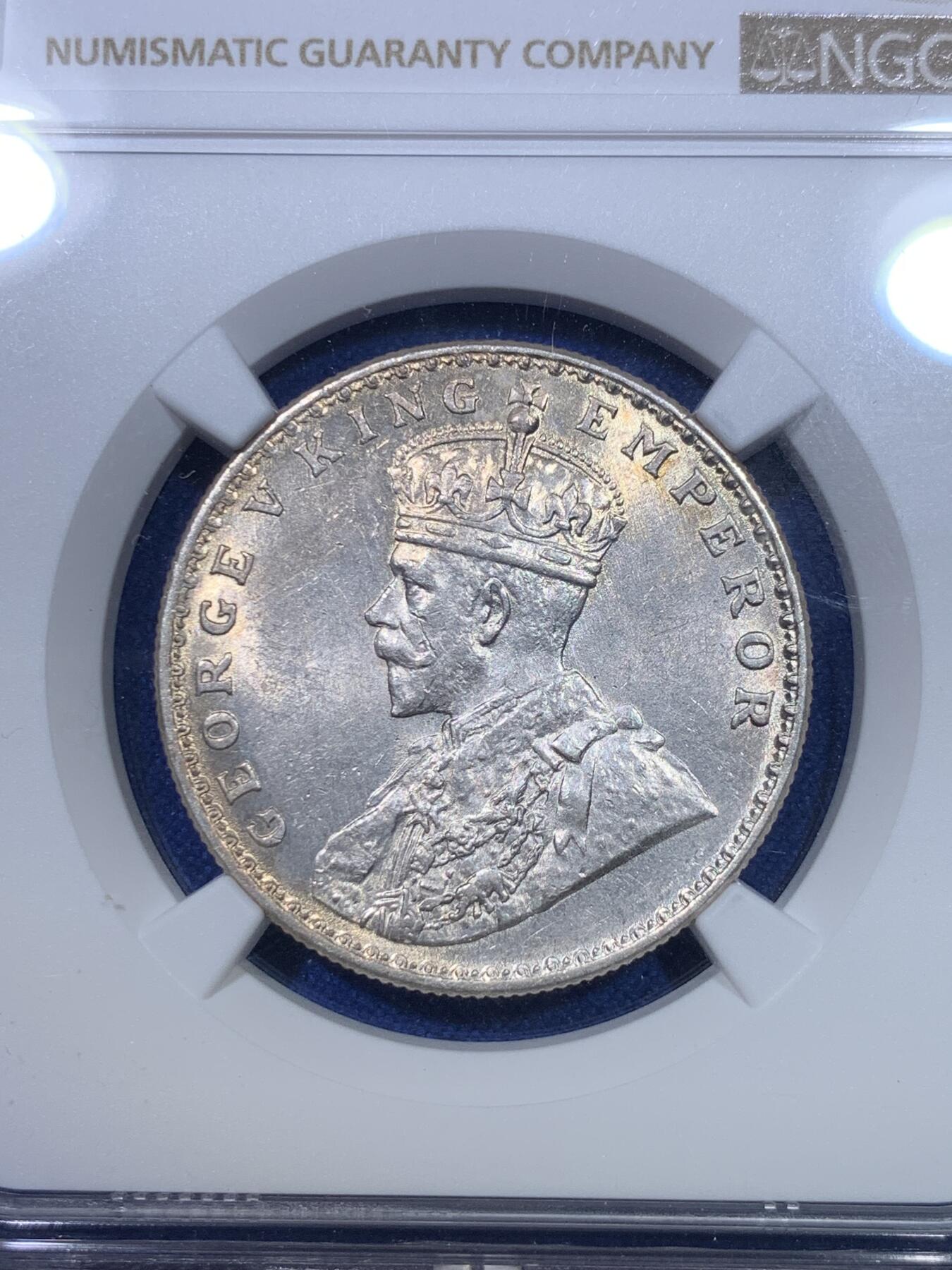 《竞宝斋》第284场- 周日，周一 2场连拍 （全场包邮） NGC MS63 印度1917年乔治五世版1卢比银币 底板丝滑 转光感完美