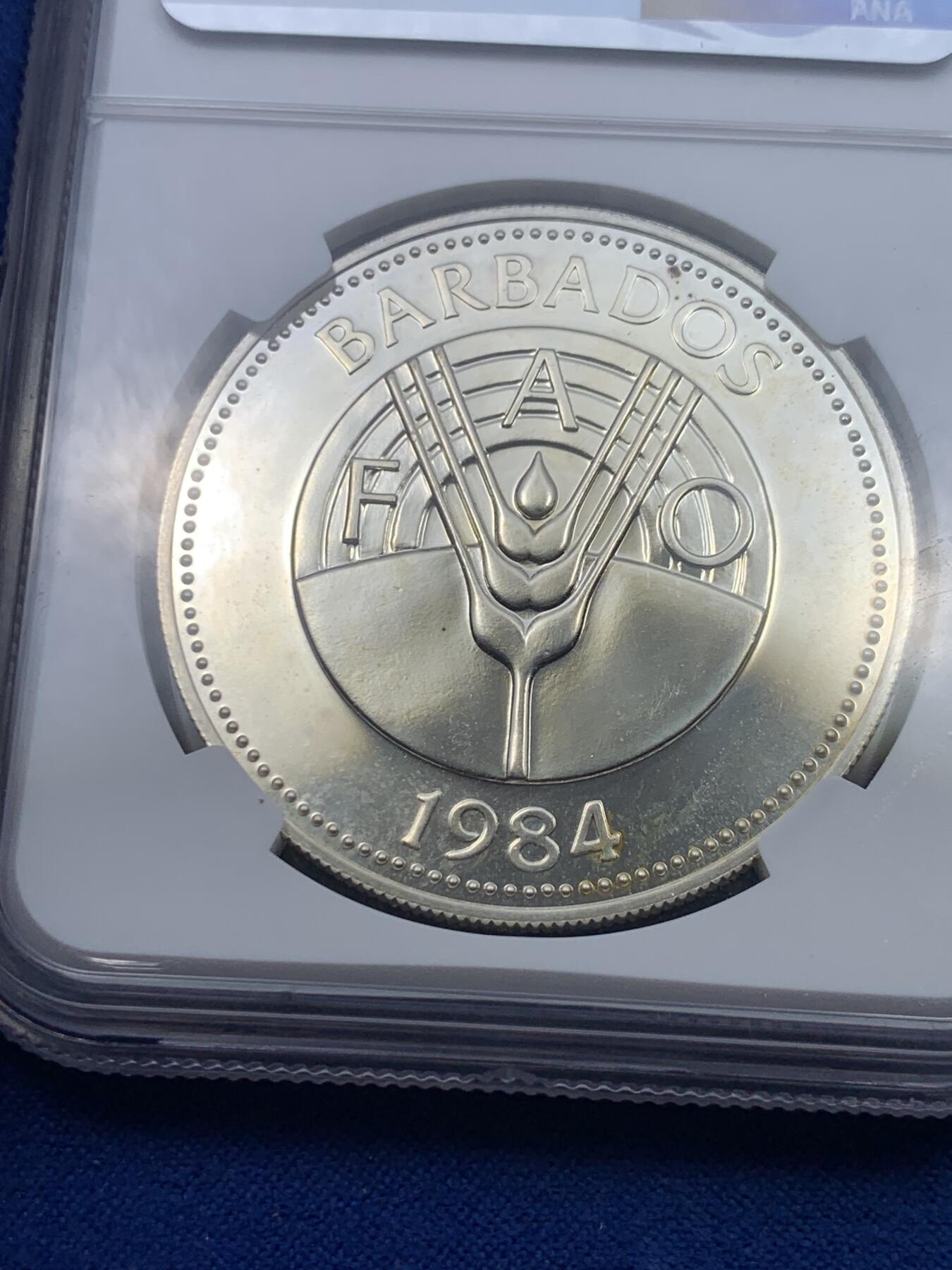 《竞宝斋》第284场- 周日，周一 2场连拍 （全场包邮） NGC MS64 巴巴多斯1984四翼飞鱼50元银币 红丝带定制标