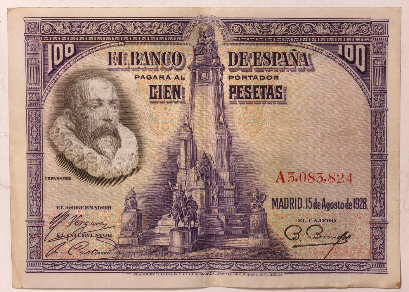 紫瑗钱币——第391期拍卖——纸币场 西班牙 1928年 中央银行 油画《唐吉坷德》 100比塞塔 流通品 (P-76a)