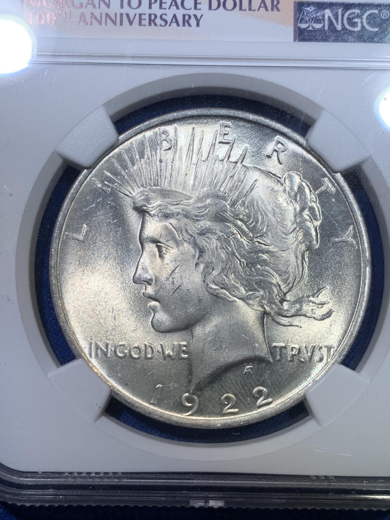 《竞宝斋》第284场- 周日，周一 2场连拍 （全场包邮） NGC MS63 美国1922年和平1美元大银币