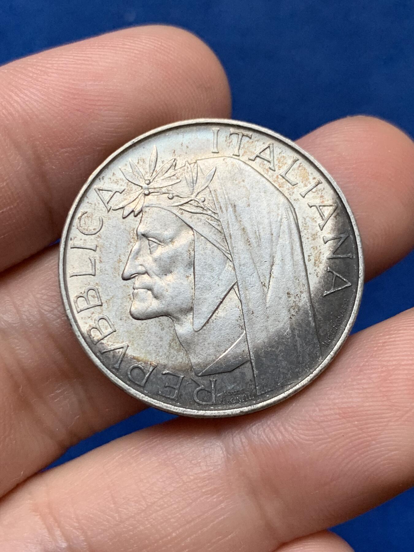 《竞宝斋》第284场- 周日，周一 2场连拍 （全场包邮） 意大利1965年但丁500里拉银币