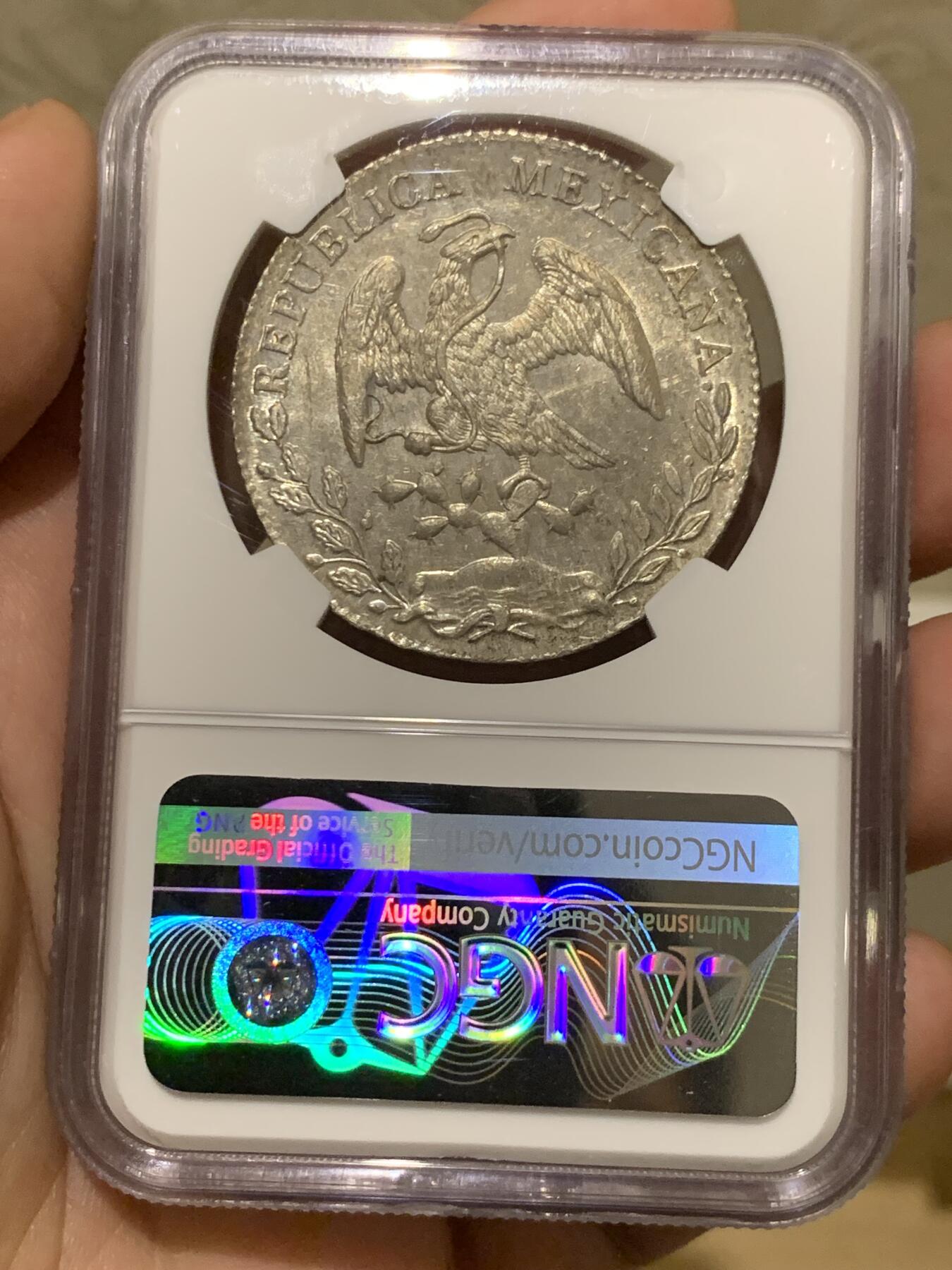 《竞宝斋》第284场- 周日，周一 2场连拍 （全场包邮） NGC MS62 墨西哥 1894年 8瑞尔 花边鹰洋 底板光度十足 正面月牙彩