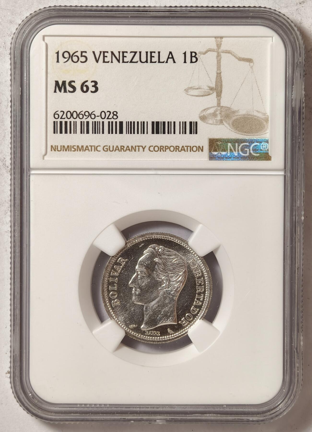紫瑗钱币——第376期拍卖 委内瑞拉 1965年 1玻利瓦尔 银币 NGC MS63