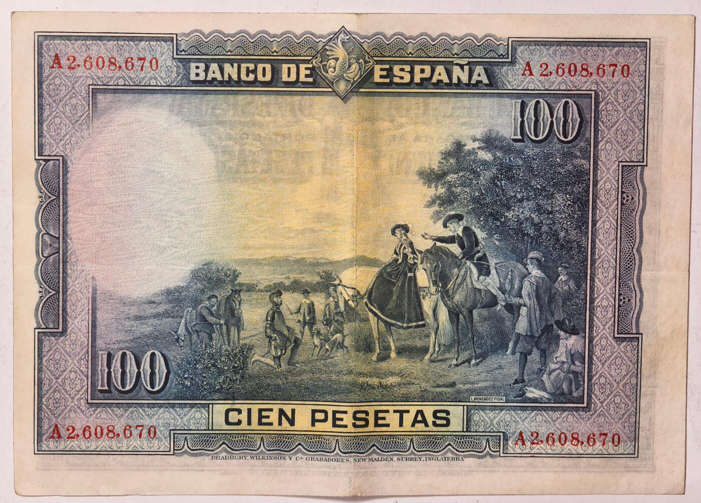 紫瑗钱币——第375期拍卖——纸币场 西班牙 1928年 中央银行 油画《唐吉坷德》 100比塞塔 流通品 (P-76a)