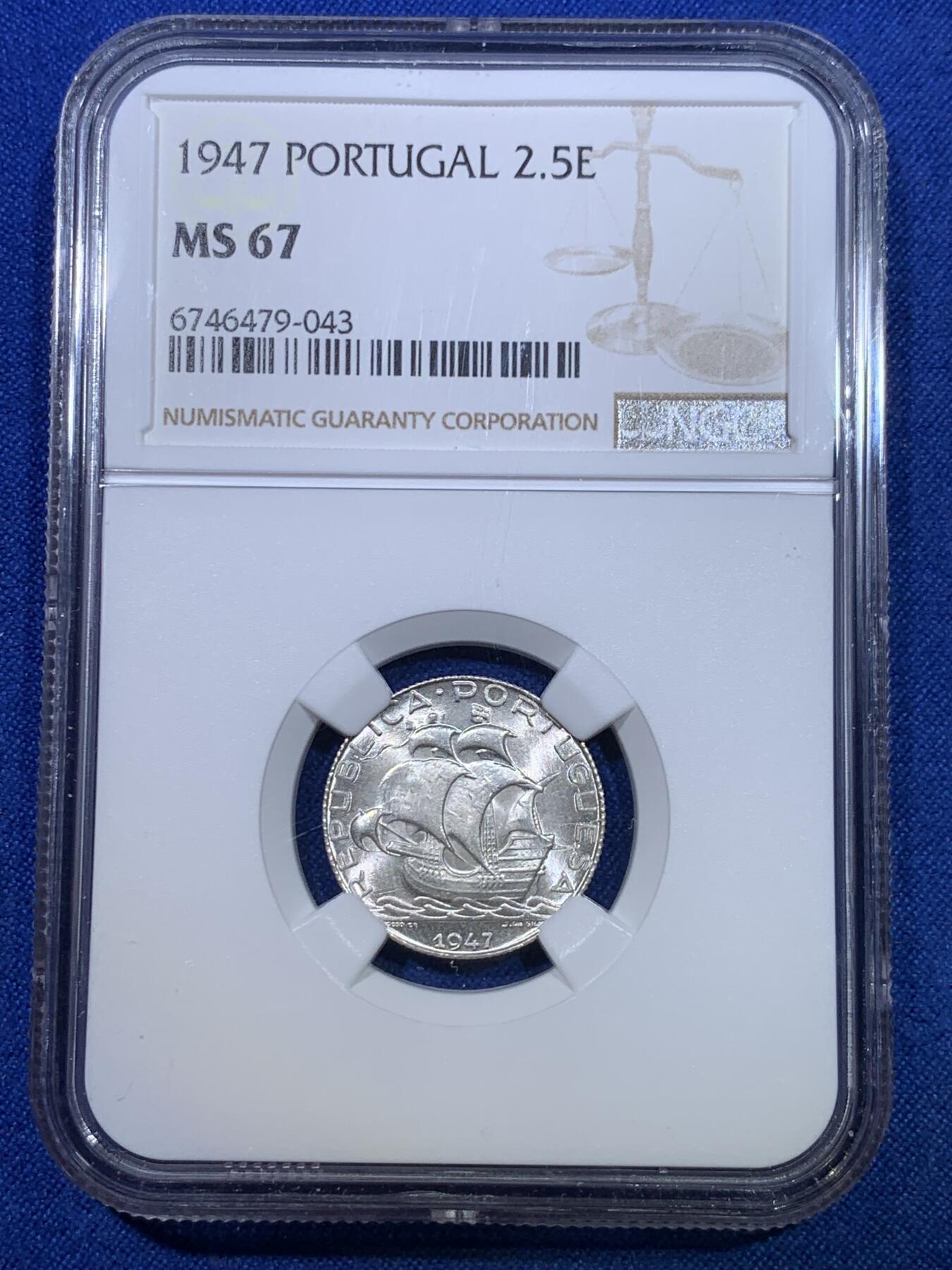 《竞宝斋》第284场- 周日，周一 2场连拍 （全场包邮） NGC MS67 葡萄牙1947年帆船2.5埃斯库多银币