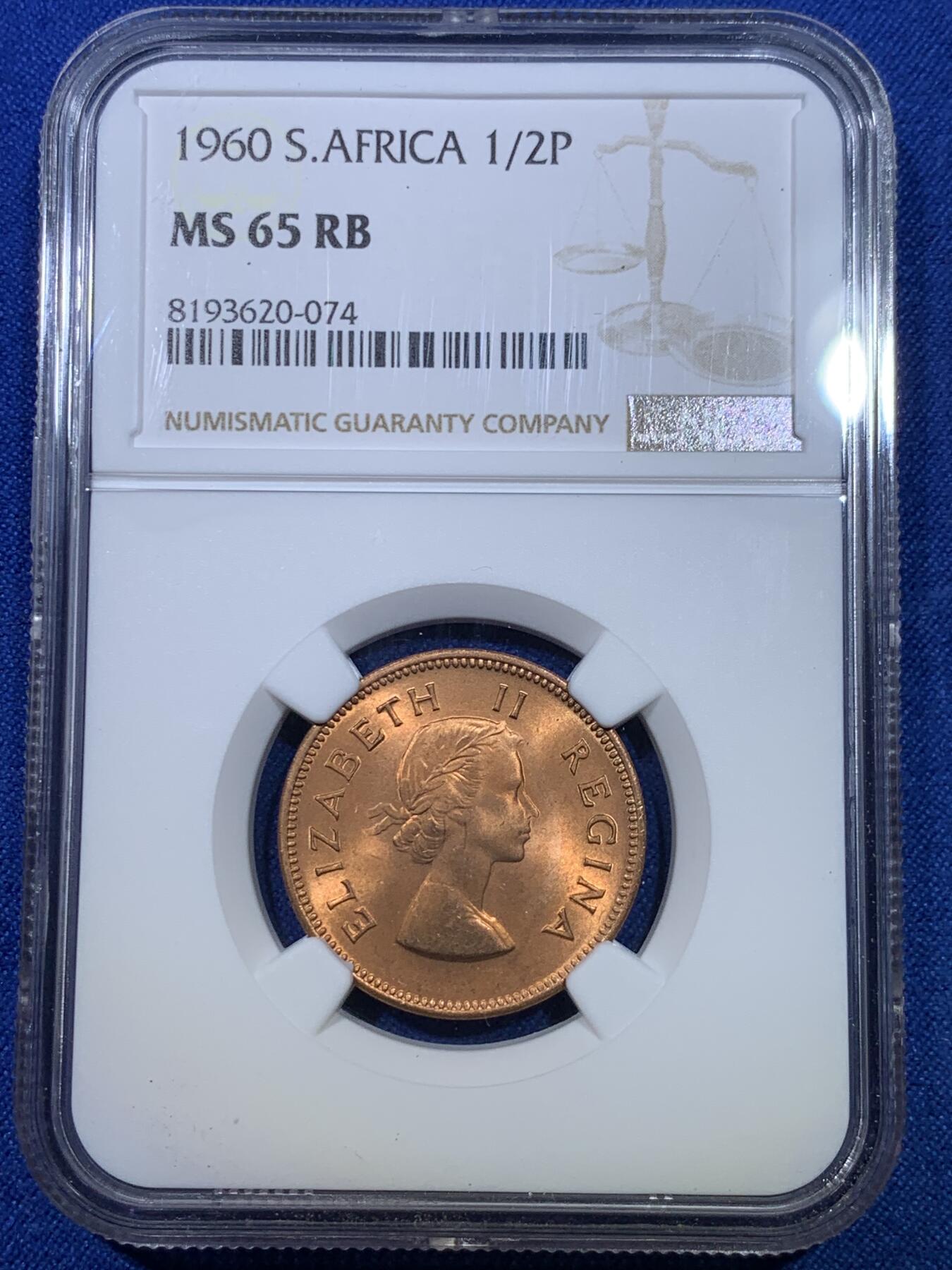 《竞宝斋》第284场- 周日，周一 2场连拍 （全场包邮） NGC MS65RB 英属南非1960年伊丽莎白二世半便士铜币