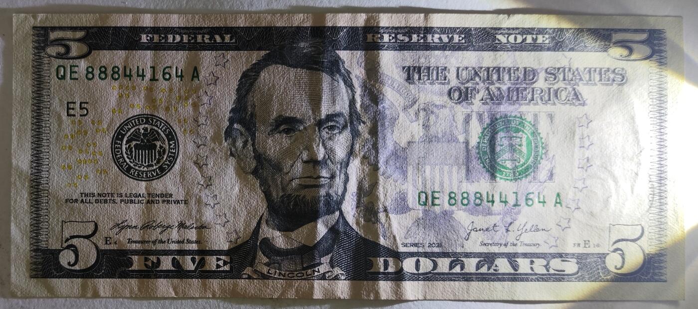 紫瑗钱币——第391期拍卖——纸币场 美国 2021年 E版 无序列 亚伯拉罕·林肯 5美元 彩色版 AU