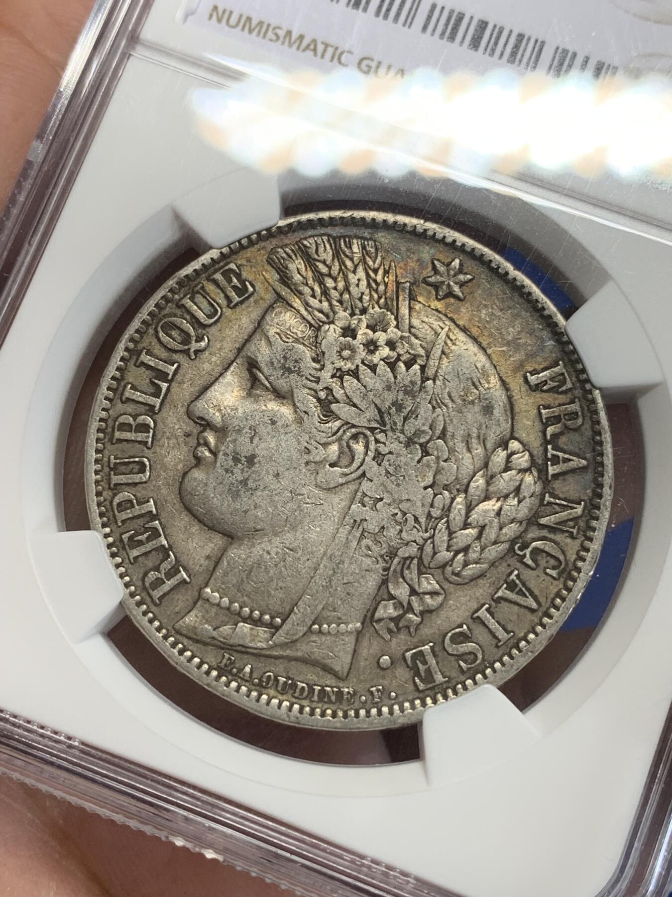 《竞宝斋》第284场- 周日，周一 2场连拍 （全场包邮） NGC XF45 法国1850年谷物女神5法郎银币 原味五彩