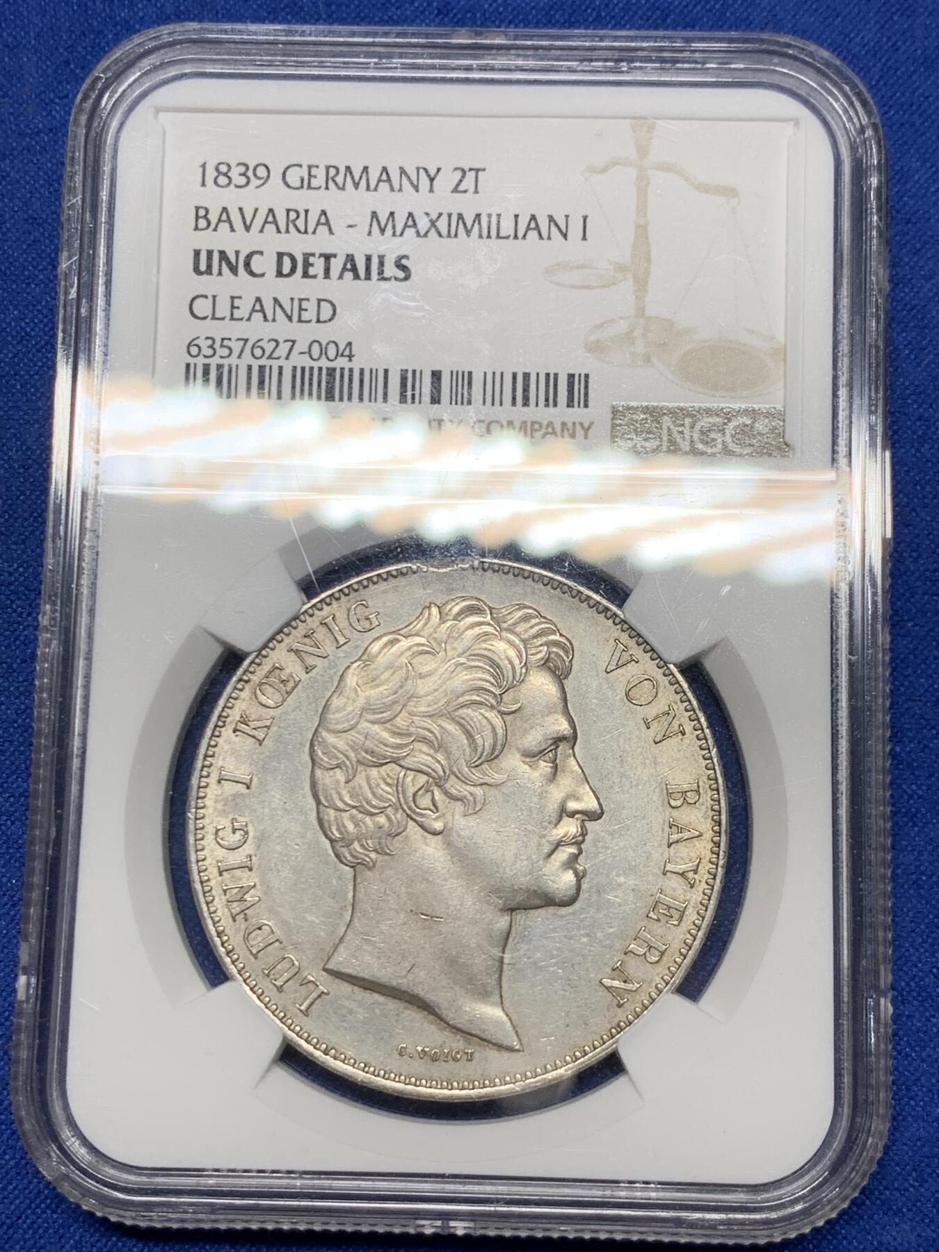 《竞宝斋》第284场- 周日，周一 2场连拍 （全场包邮） NGC UNC 德国1839年巴伐利亚选帝侯骑马雕像历史双泰勒 37.12g 大银币