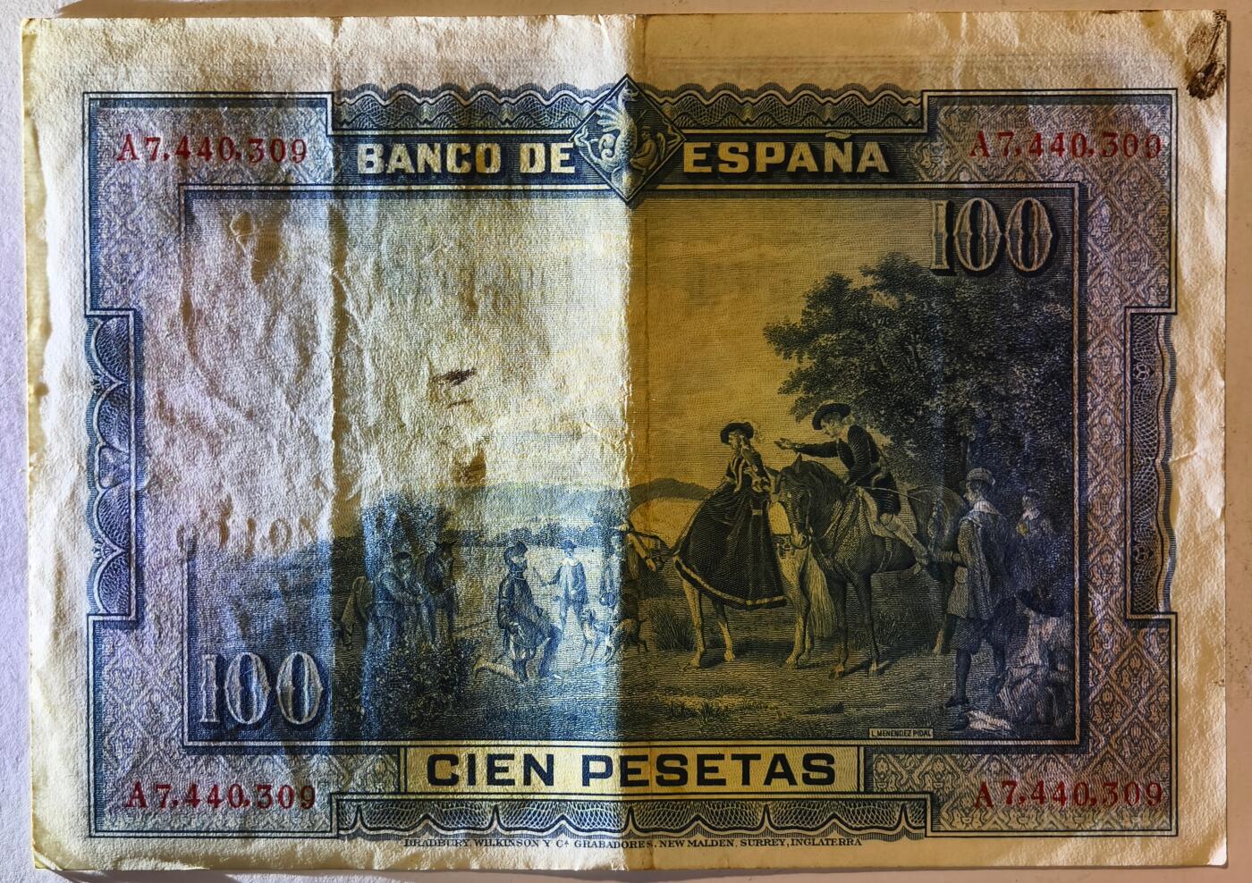 紫瑗钱币——第391期拍卖——纸币场 西班牙 1928年 中央银行 油画《唐吉坷德》 100比塞塔 流通品 (P-76a)