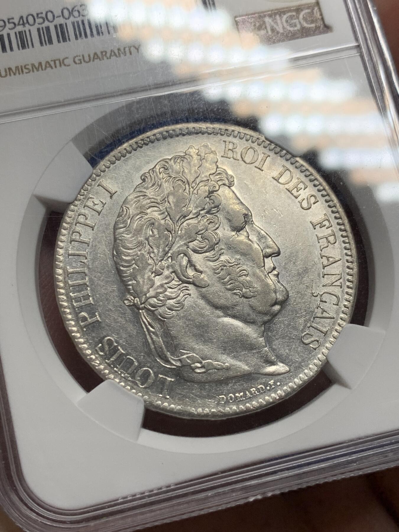 《竞宝斋》第284场- 周日，周一 2场连拍 （全场包邮） NGC AU55 法国1833T年菲利普一世5法郎大银币 唯一亚军分，更高分仅有一枚，小年，两百年前的币子光洁如昨