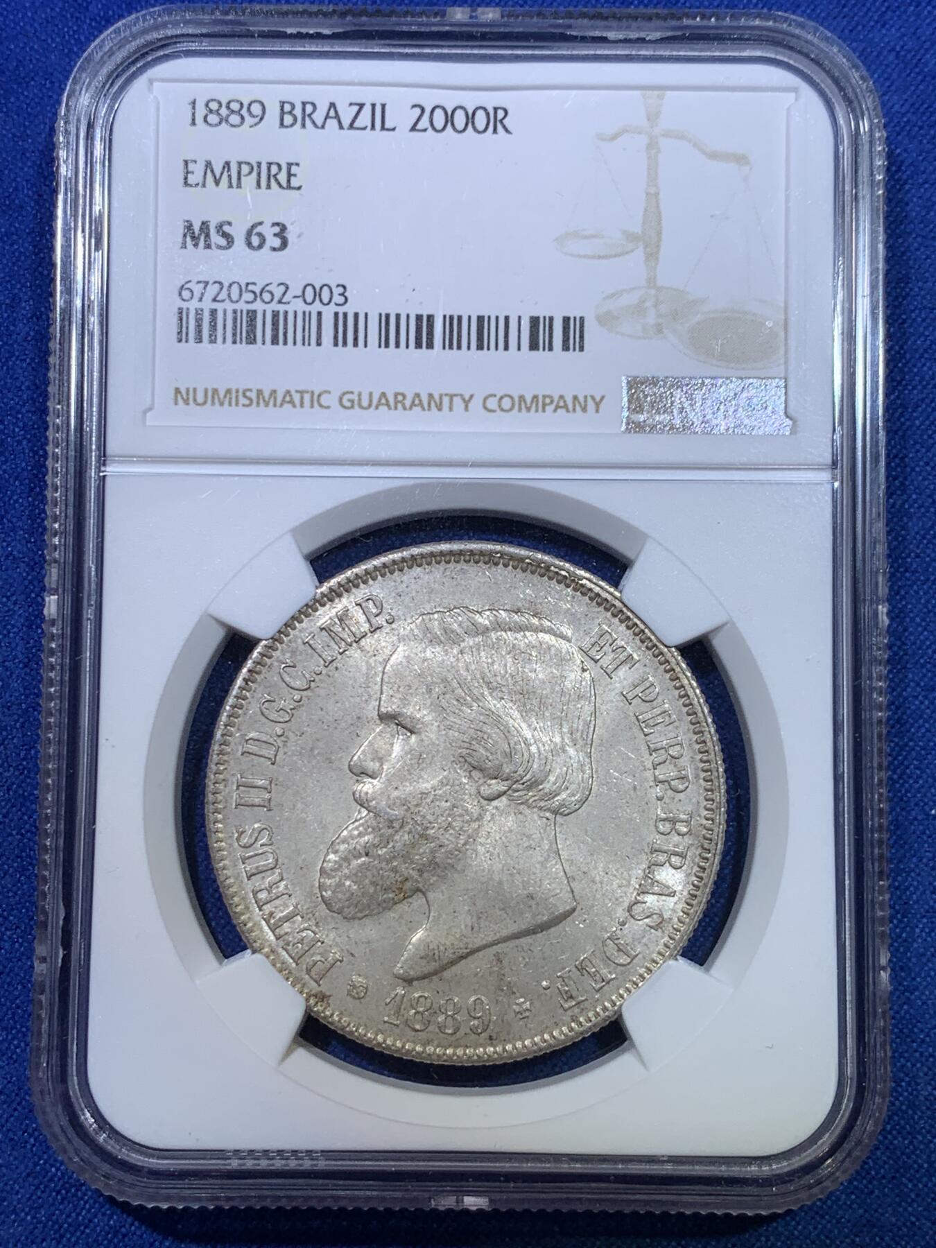 《竞宝斋》第284场- 周日，周一 2场连拍 （全场包邮） NGC MS63 巴西帝国 1889年 佩德罗二世 2000瑞斯 银币