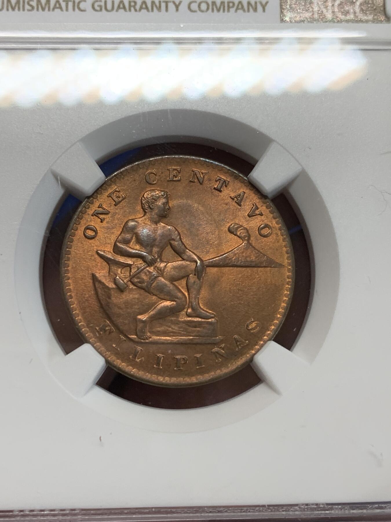 《竞宝斋》第284场- 周日，周一 2场连拍 （全场包邮） NGC MS64RB 1944 菲律宾 1分 很少见的菲律宾铜币 同一版本的银币铺天盖地 但是好品的铜币极少 这一枚完全是RD体质 但是不知为什么给了RB 细节清晰 人物立体 国徽的凸点完全没有被磨过 值得收藏