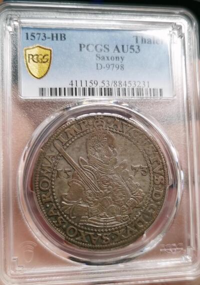 凡希社世界钱币微拍第二百七十五期 荐！1573HB德国萨克森戎装执剑大型泰勒PCGS-AU53，欧陆灰彩味道一流！