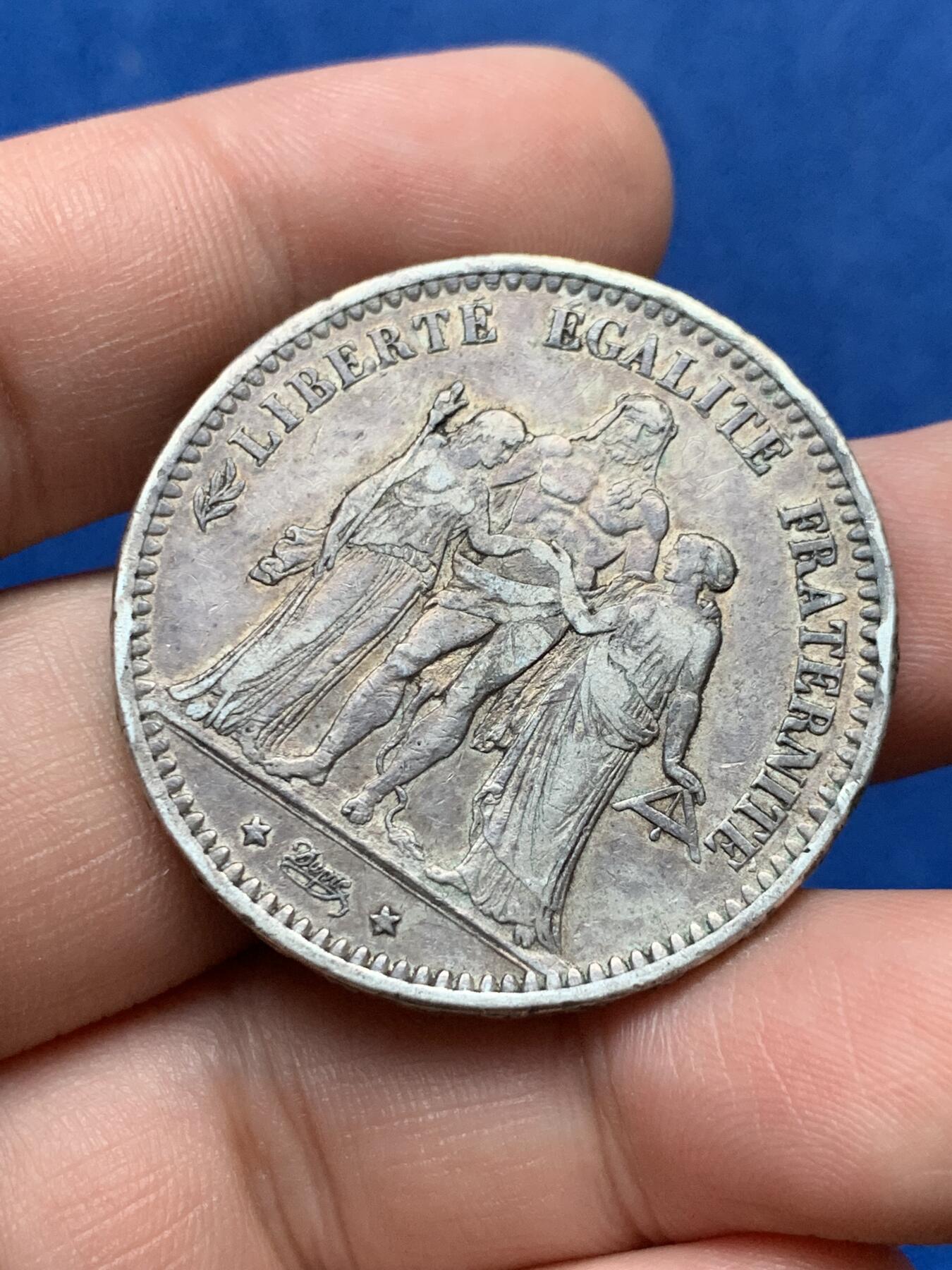 《竞宝斋》第284场- 周日，周一 2场连拍 （全场包邮） 1873年K厂法国大力神5法郎银币 原味包浆