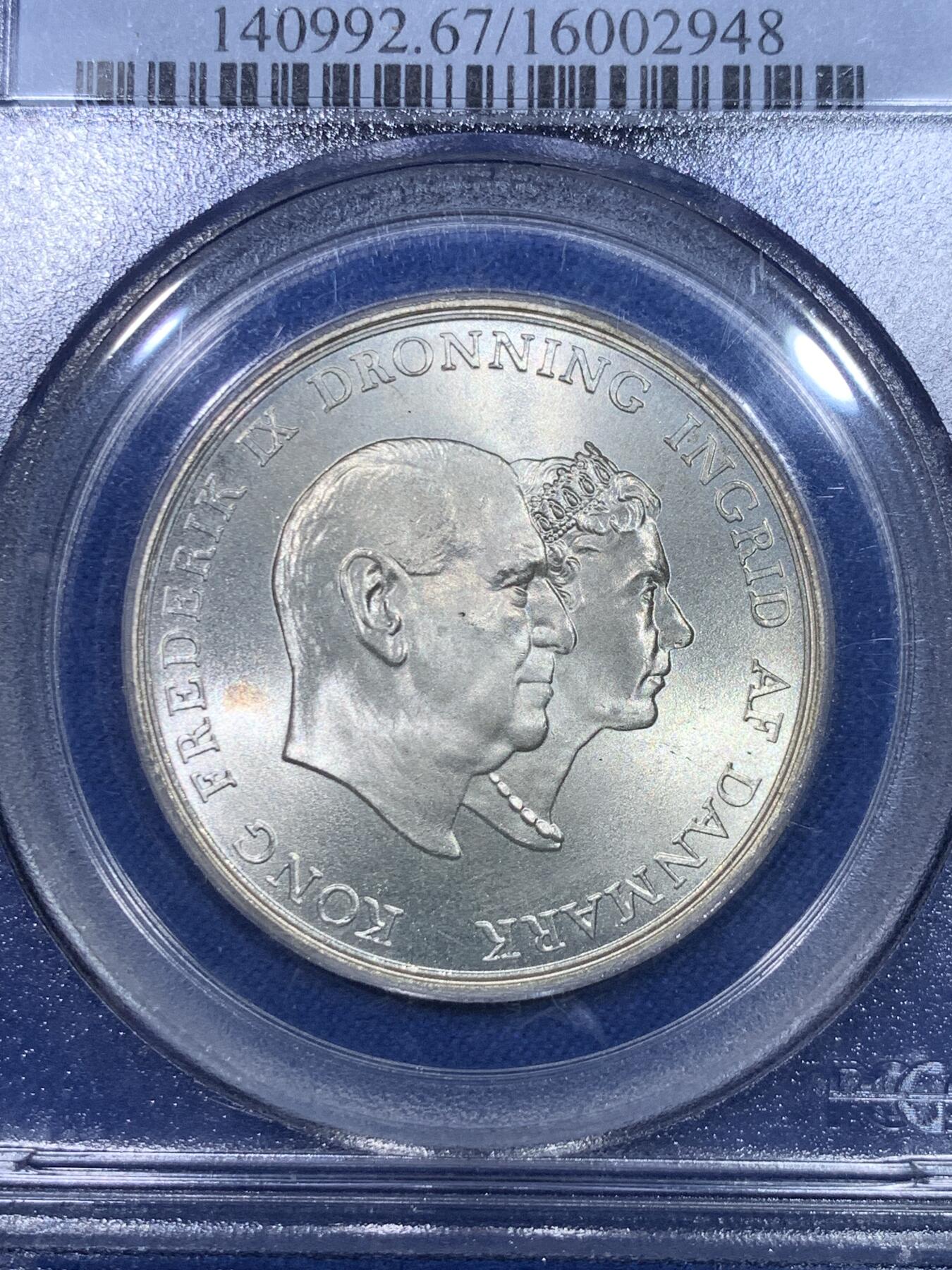 《竞宝斋》第284场- 周日，周一 2场连拍 （全场包邮） PCGS MS67 丹麦1960年5克朗 纪念银币 高分稀少