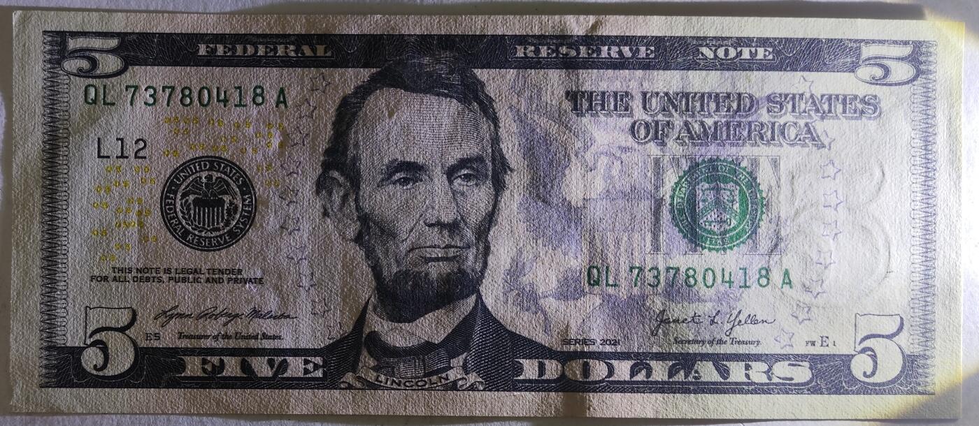 紫瑗钱币——第377期拍卖——纸币场 美国 2021年 L版 无序列 亚伯拉罕·林肯 5美元 彩色版 UNC