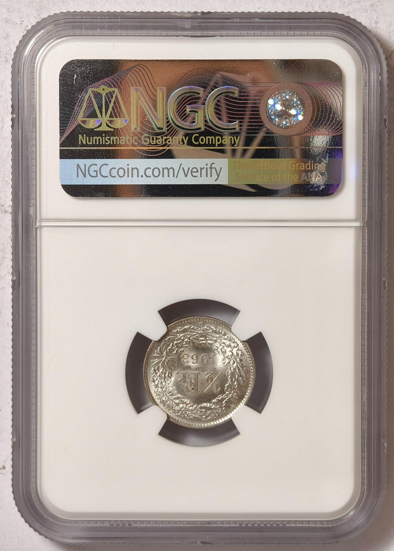 紫瑗钱币——第376期拍卖 瑞士 1963年 B版 赫尔维蒂亚 1/2法郎 银币 NGC MS64