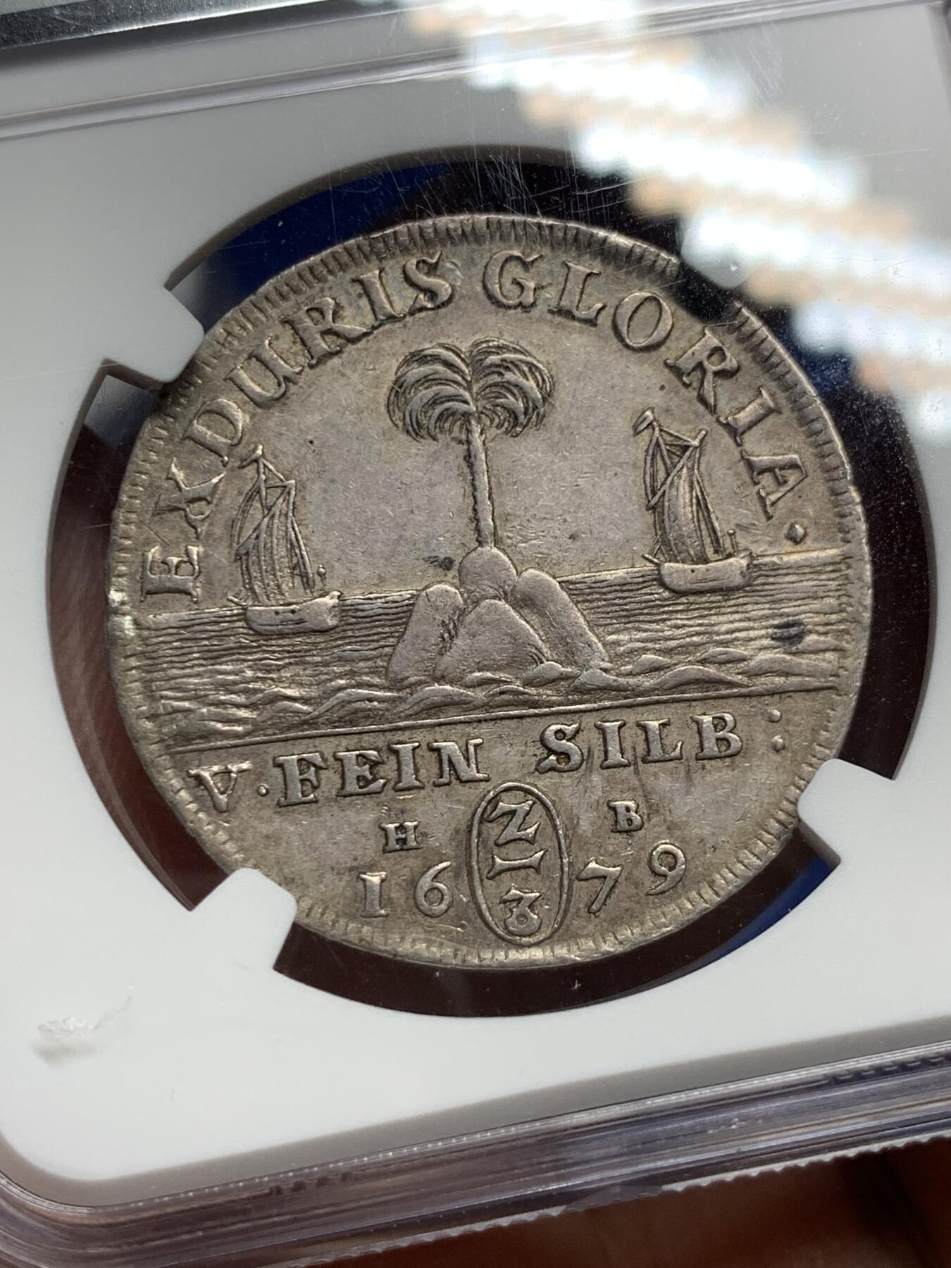 《竞宝斋》第284场- 周日，周一 2场连拍 （全场包邮） 冠军分 NGC AU53  德国 1679 约翰·弗里德里希  不伦瑞克 2/3泰勒银币 可藏