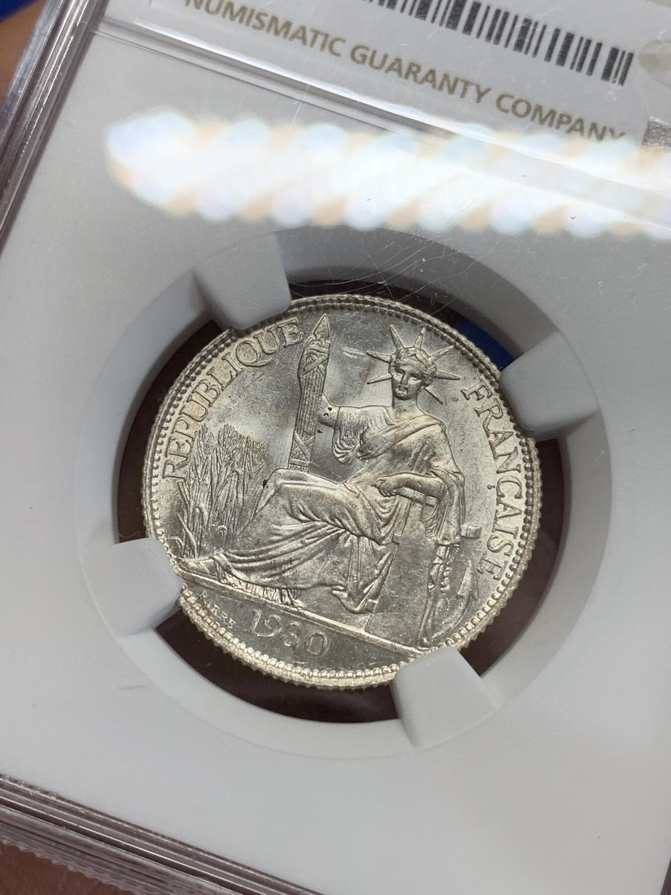 《竞宝斋》第284场- 周日，周一 2场连拍 （全场包邮） NGC UNCD 法属印支1930年坐洋20分银币 少见年份