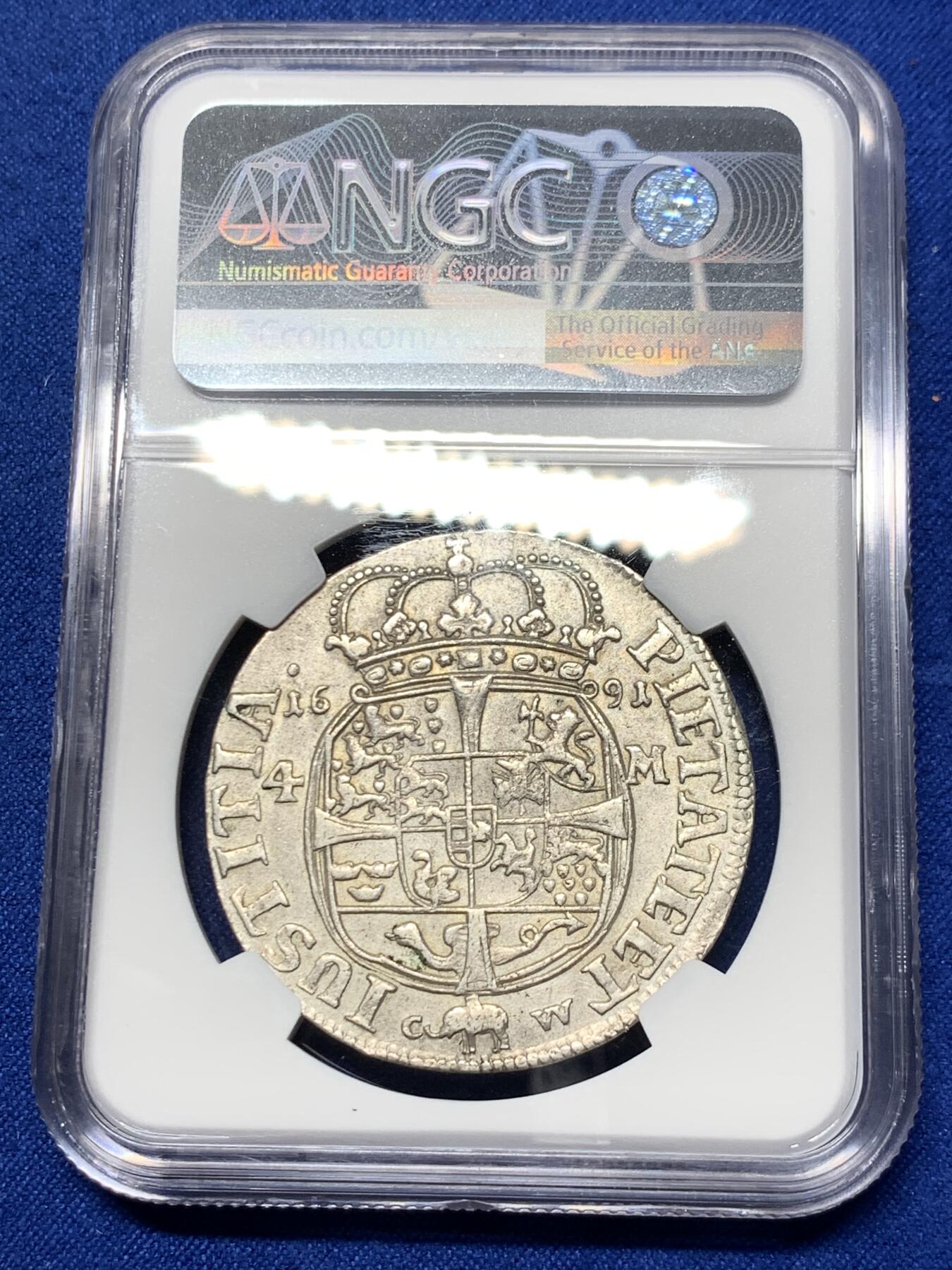 《竞宝斋》第284场- 周日，周一 2场连拍 （全场包邮） NGC AU55 丹麦 1691 克里斯蒂安五世 4M大银币 稀见品种