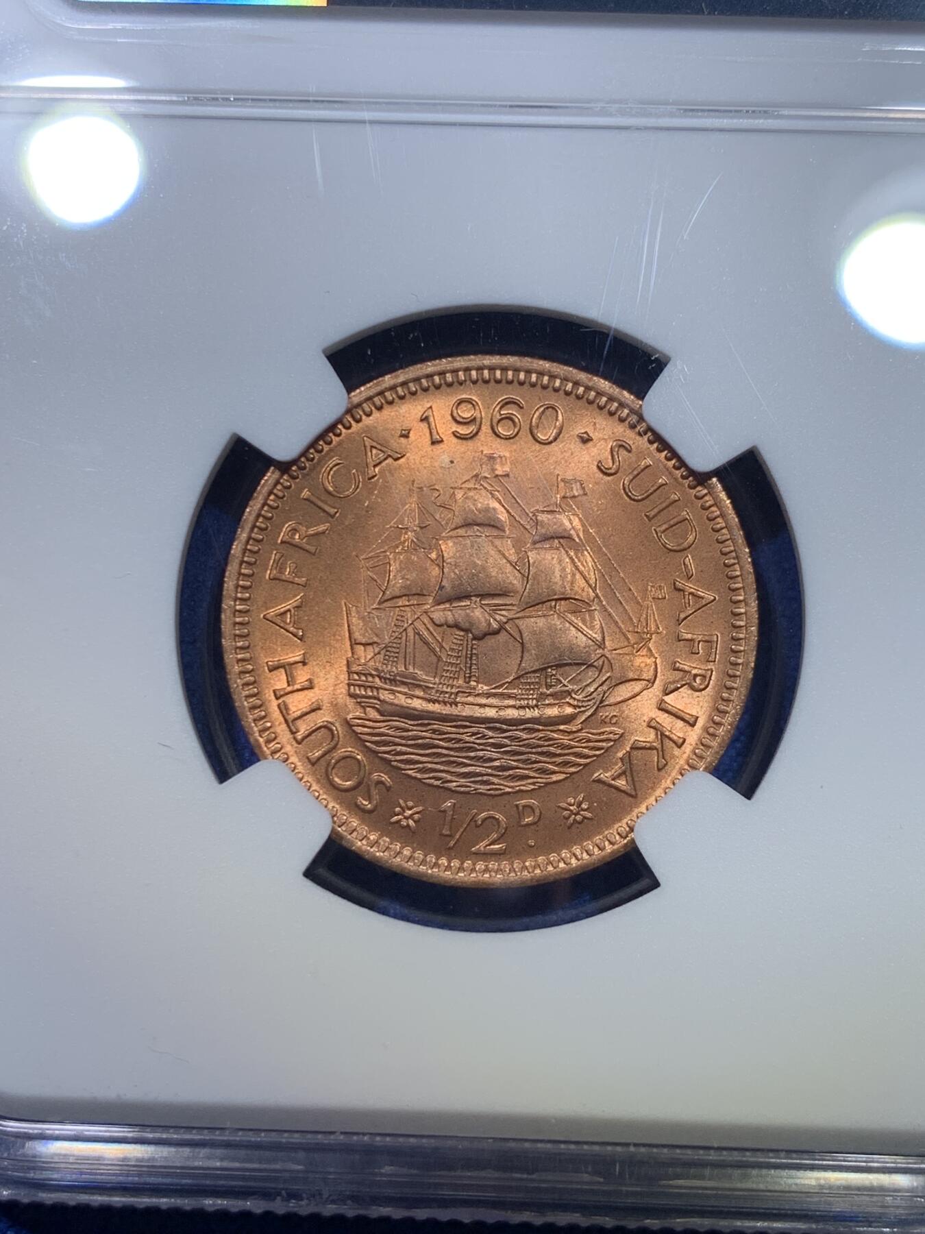 《竞宝斋》第284场- 周日，周一 2场连拍 （全场包邮） NGC MS65RB 英属南非1960年伊丽莎白二世半便士铜币