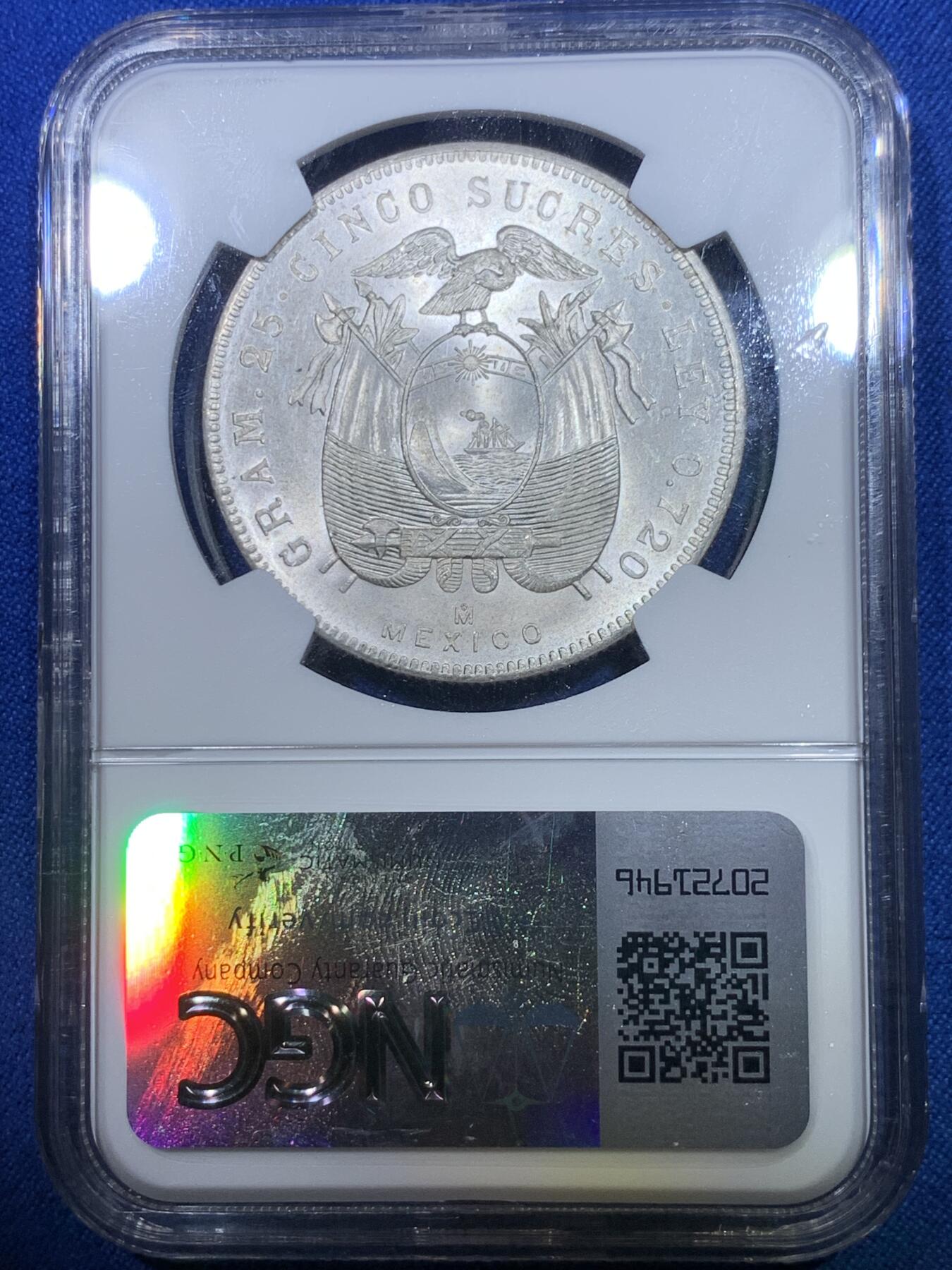 《竞宝斋》第284场- 周日，周一 2场连拍 （全场包邮） NGC MS64 厄瓜多尔1943年5苏克雷大银币