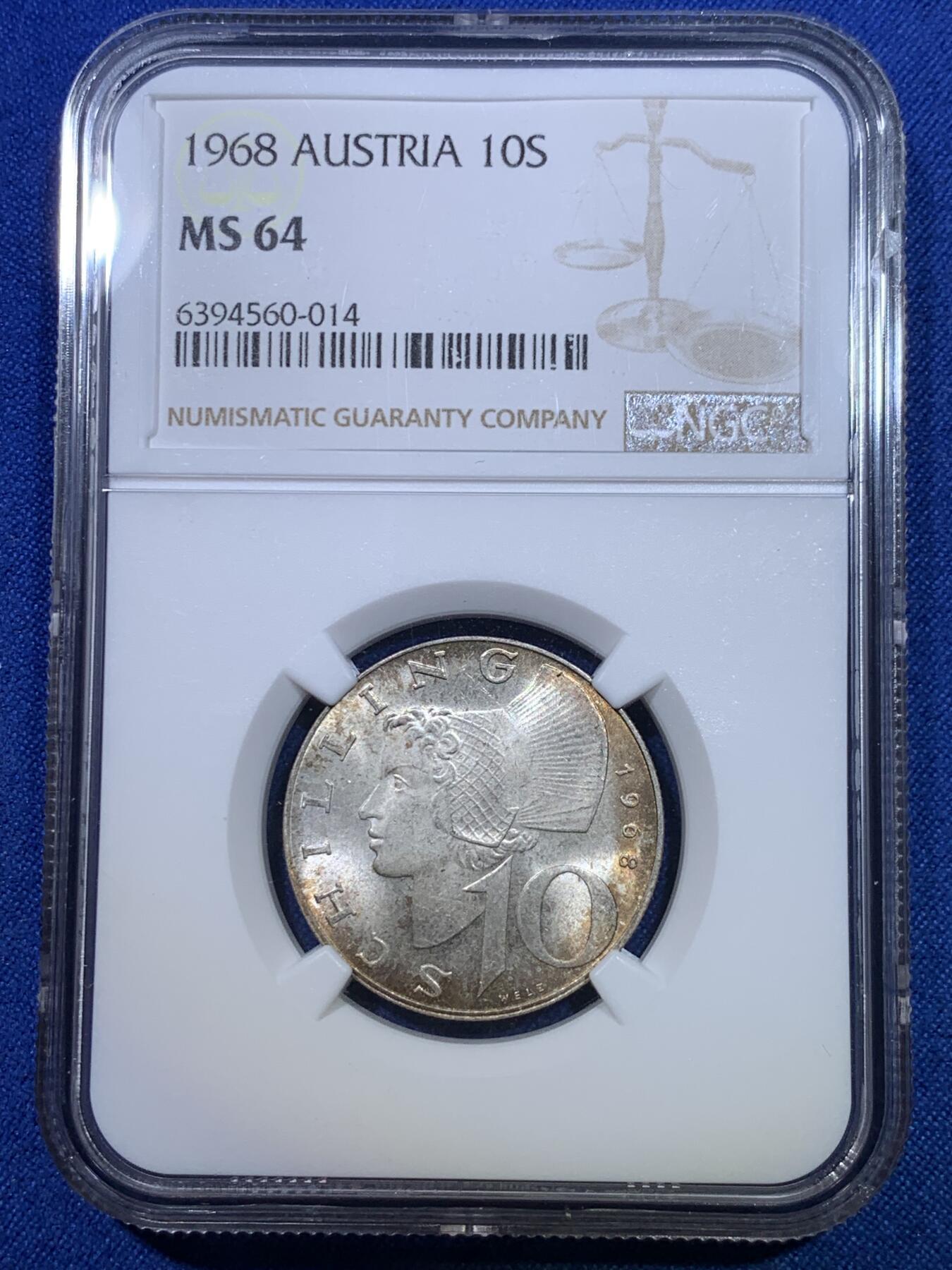 《竞宝斋》第284场- 周日，周一 2场连拍 （全场包邮） 冠军分 NGC MS64 奥地利1968年10先令银币