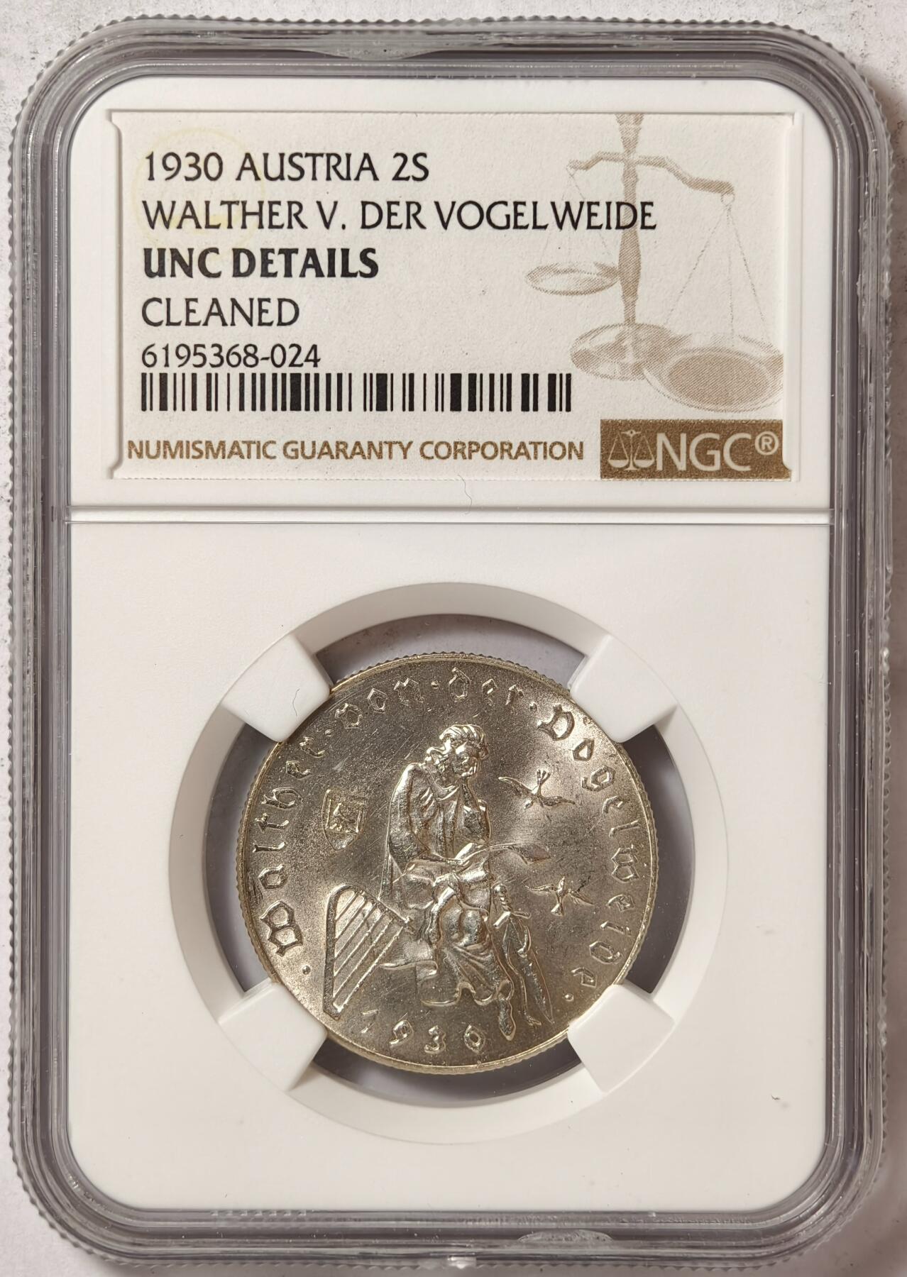 紫瑗钱币——第430期 奥地利 1930年 沃格魏德逝世 2先令 银币 NGC UNC DETAILS